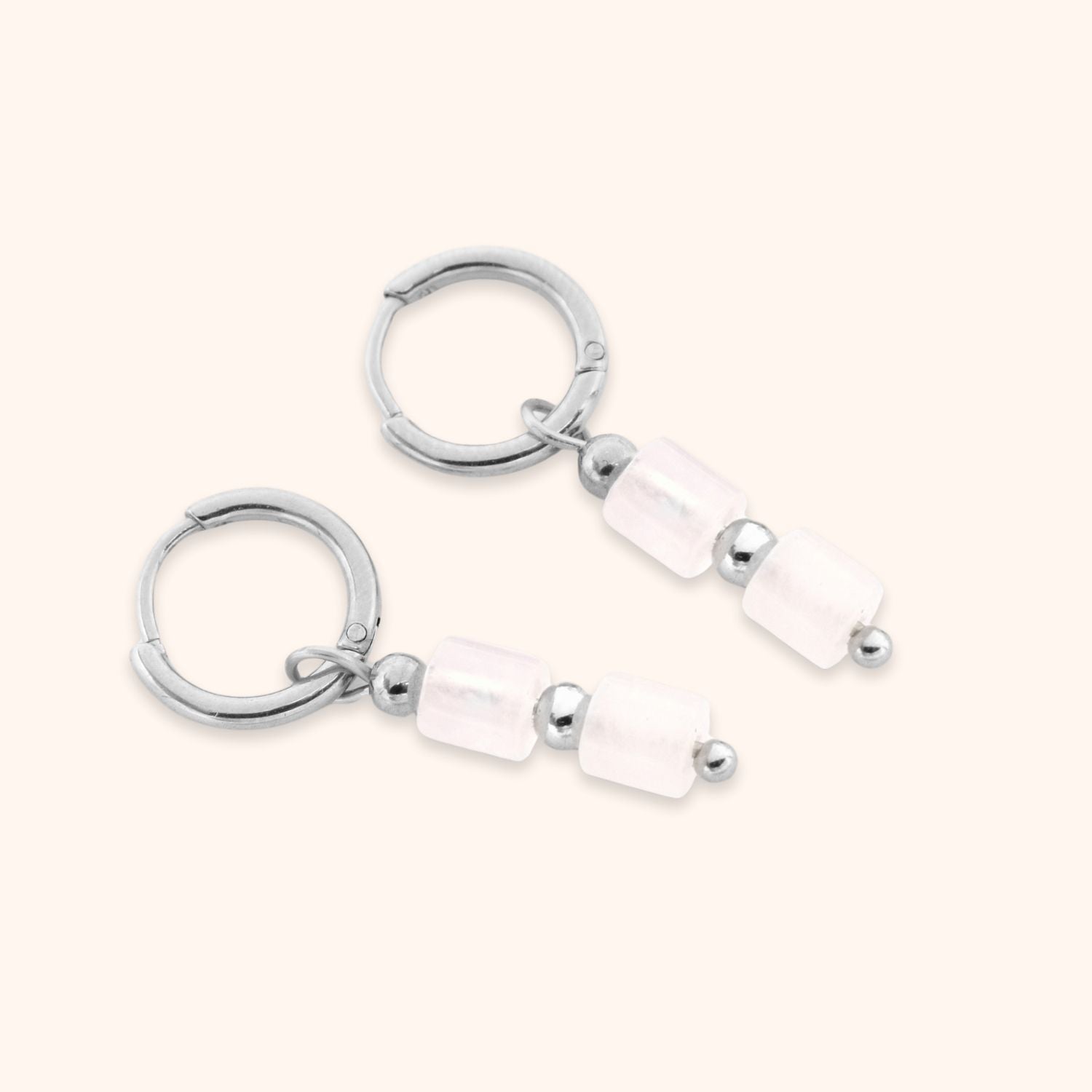 Oorringen hoops met rozenkwarts kralen hanger zilver rvs