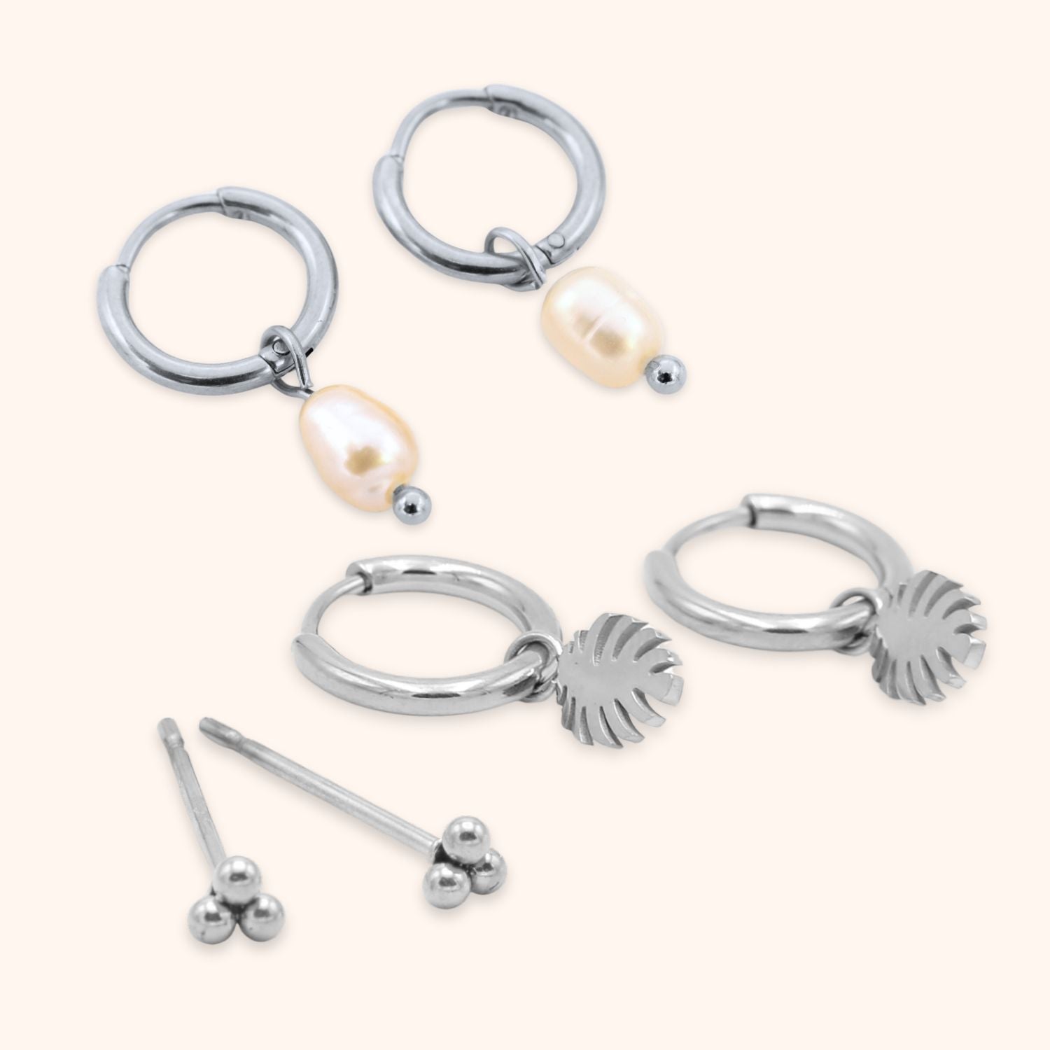 Oorbellen set parel & monstera