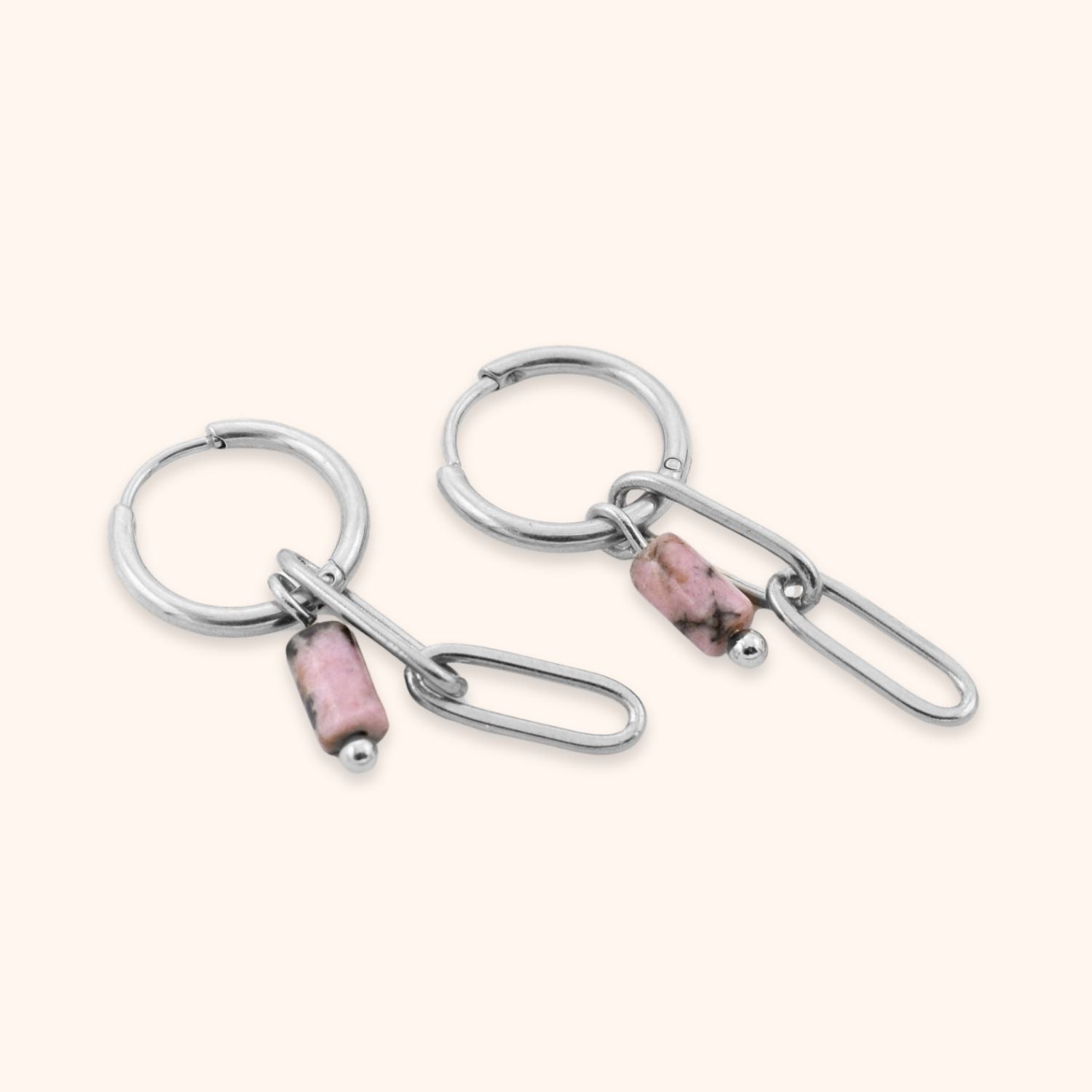 Hoops bedels roze kraal en kettinkje zilver stainless steel
