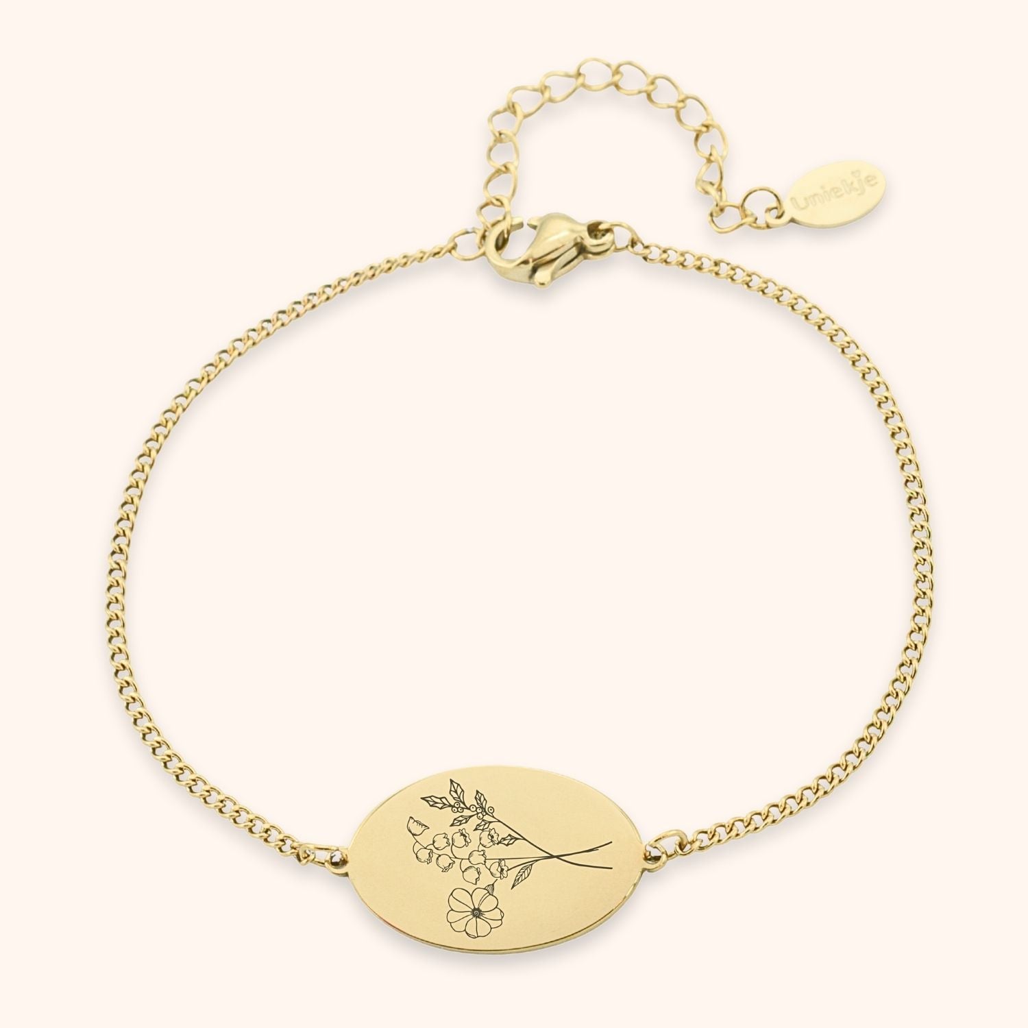 Ovale armband gegraveerd met maximaal 4 geboortebloemen goud stainless steel
