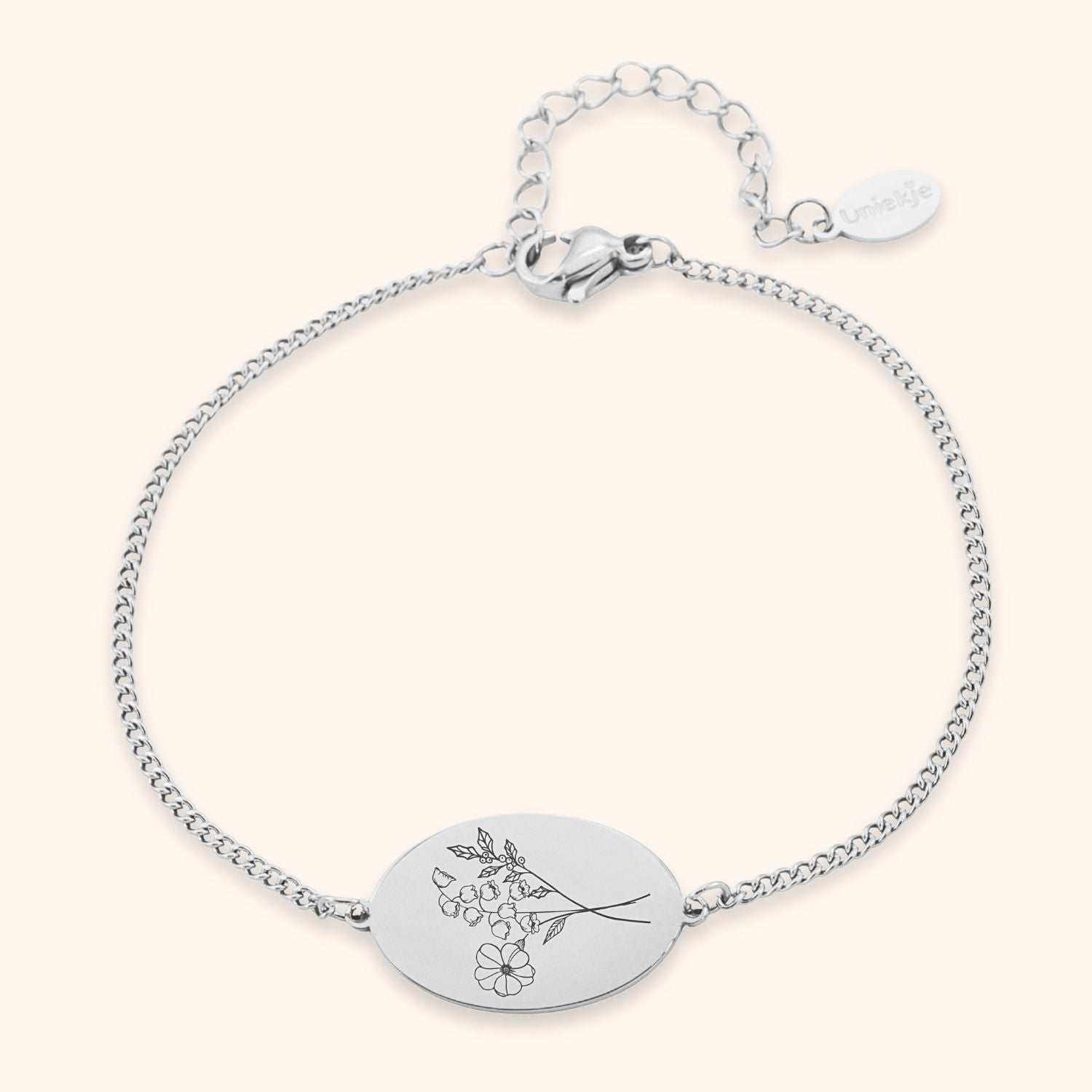 Ovale armband gegraveerd met maximaal 4 geboortebloemen zilver stainless steel