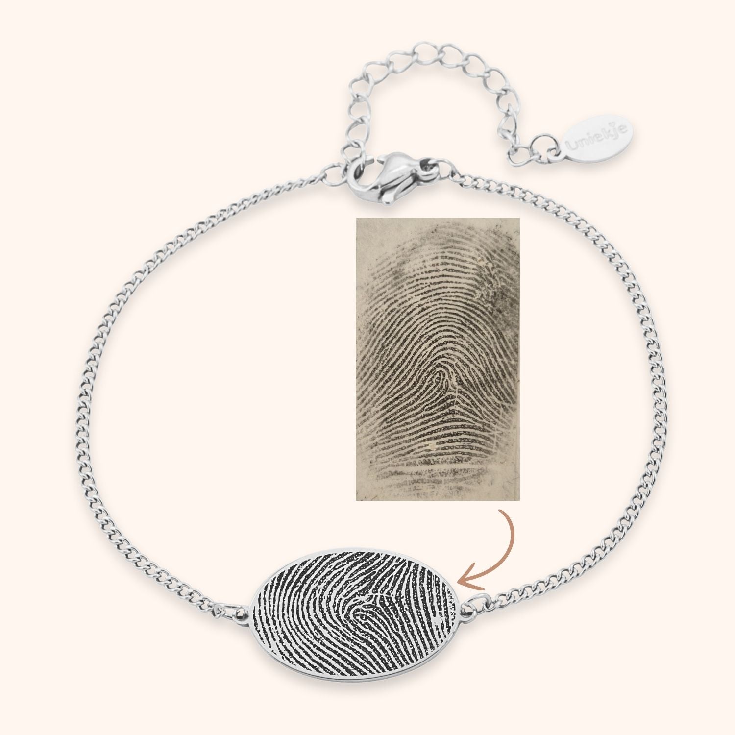 Vingerafdruk armband graveren op ovaal plaatje dames zilver stainless steel