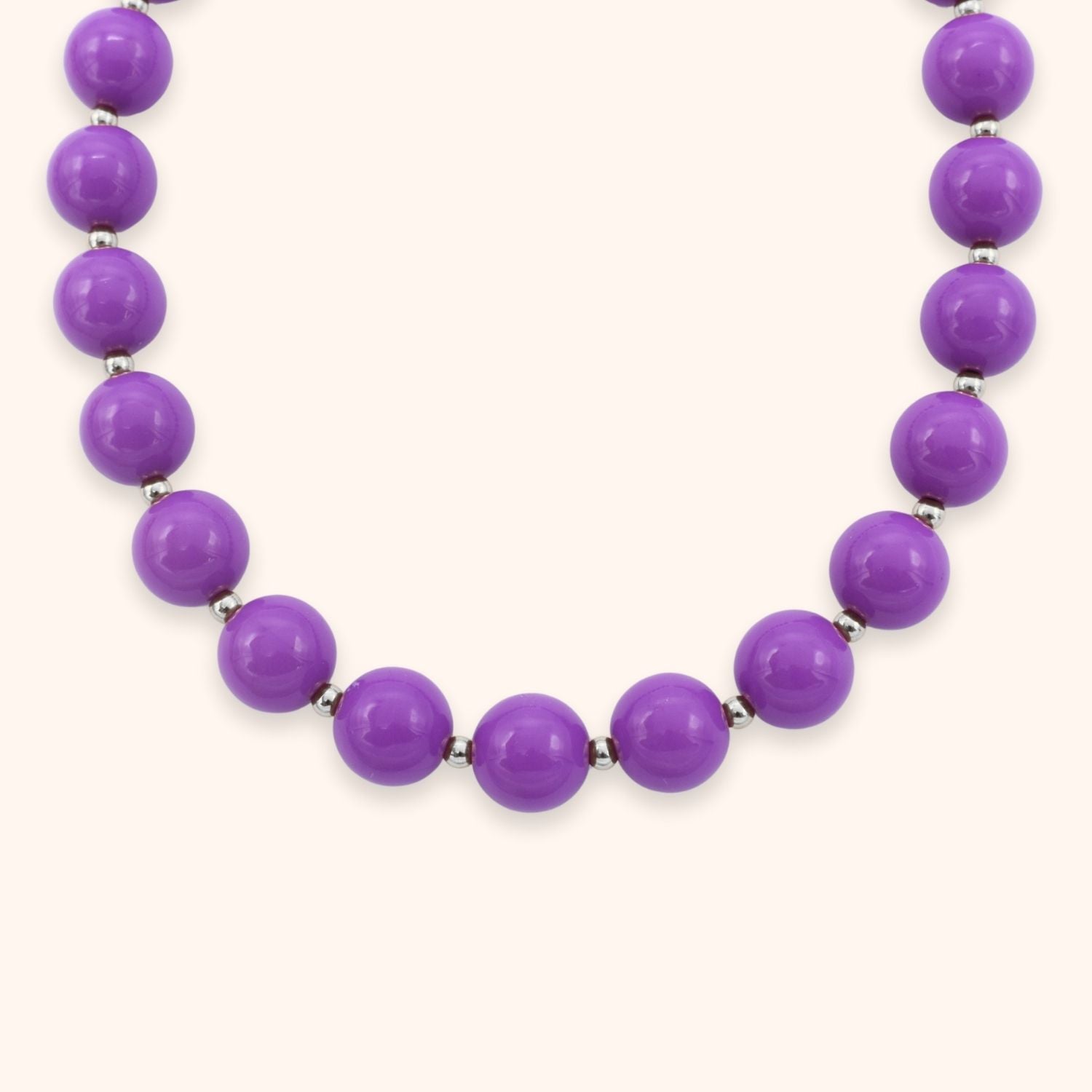 Paarse ketting grote kralen kleur zilver stainless steel