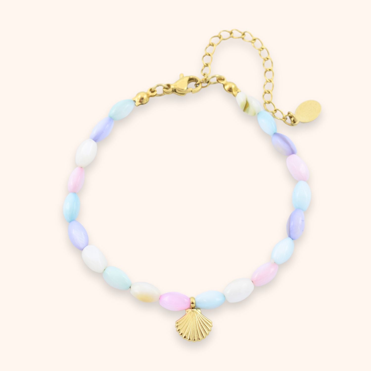 Pastel kralen armbandje schelp bedel kleur goud stainless steel