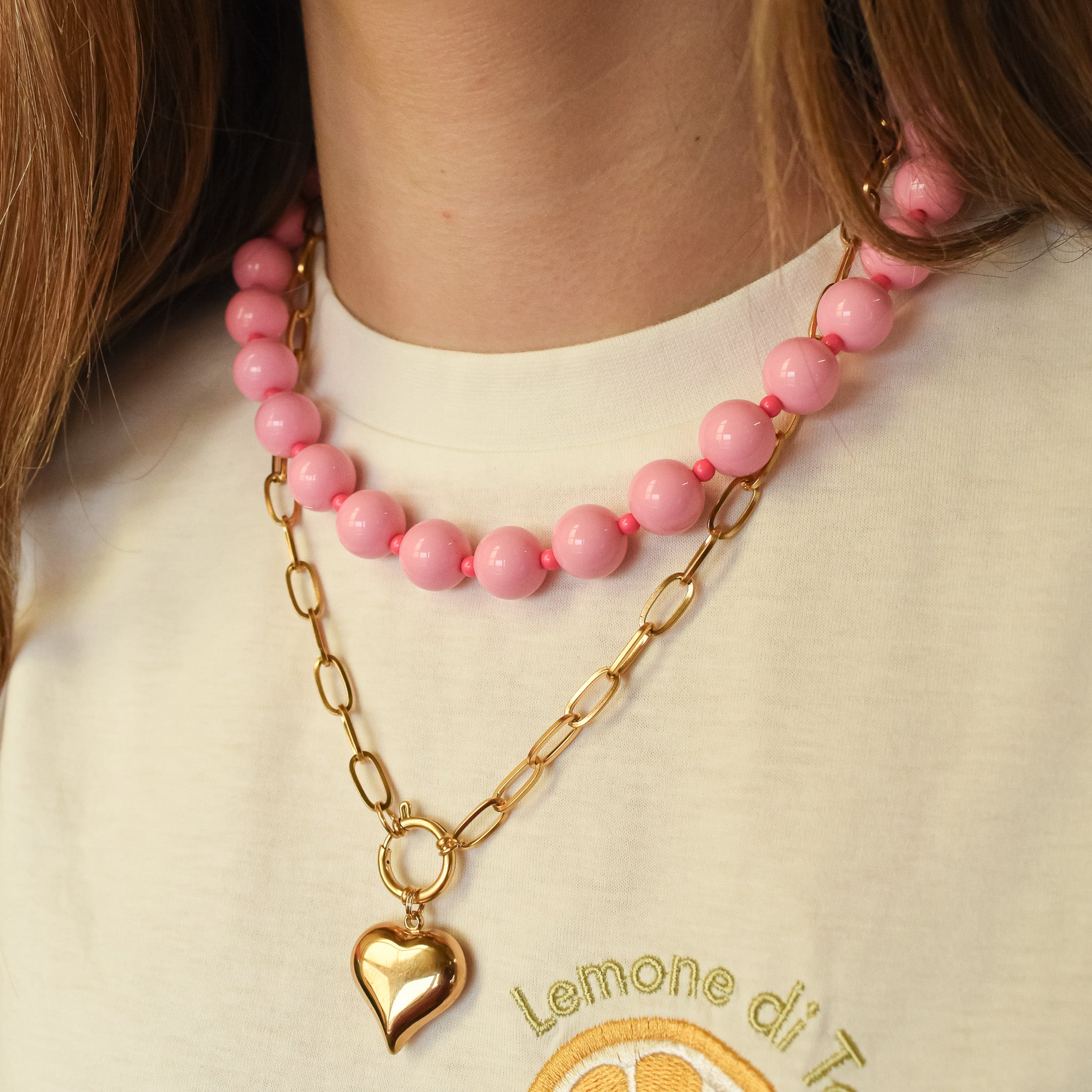 Roze kralenketting ketting hart kleur goud stainless steel