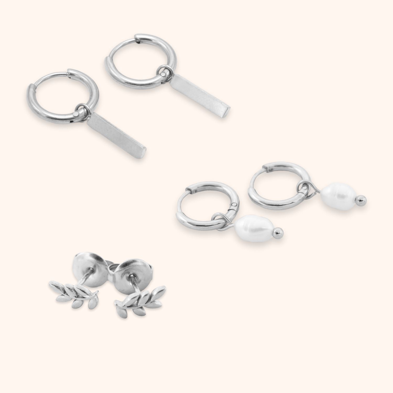 oorbellen set 3 goud stainless steel parel staafje blaadje takje zilver