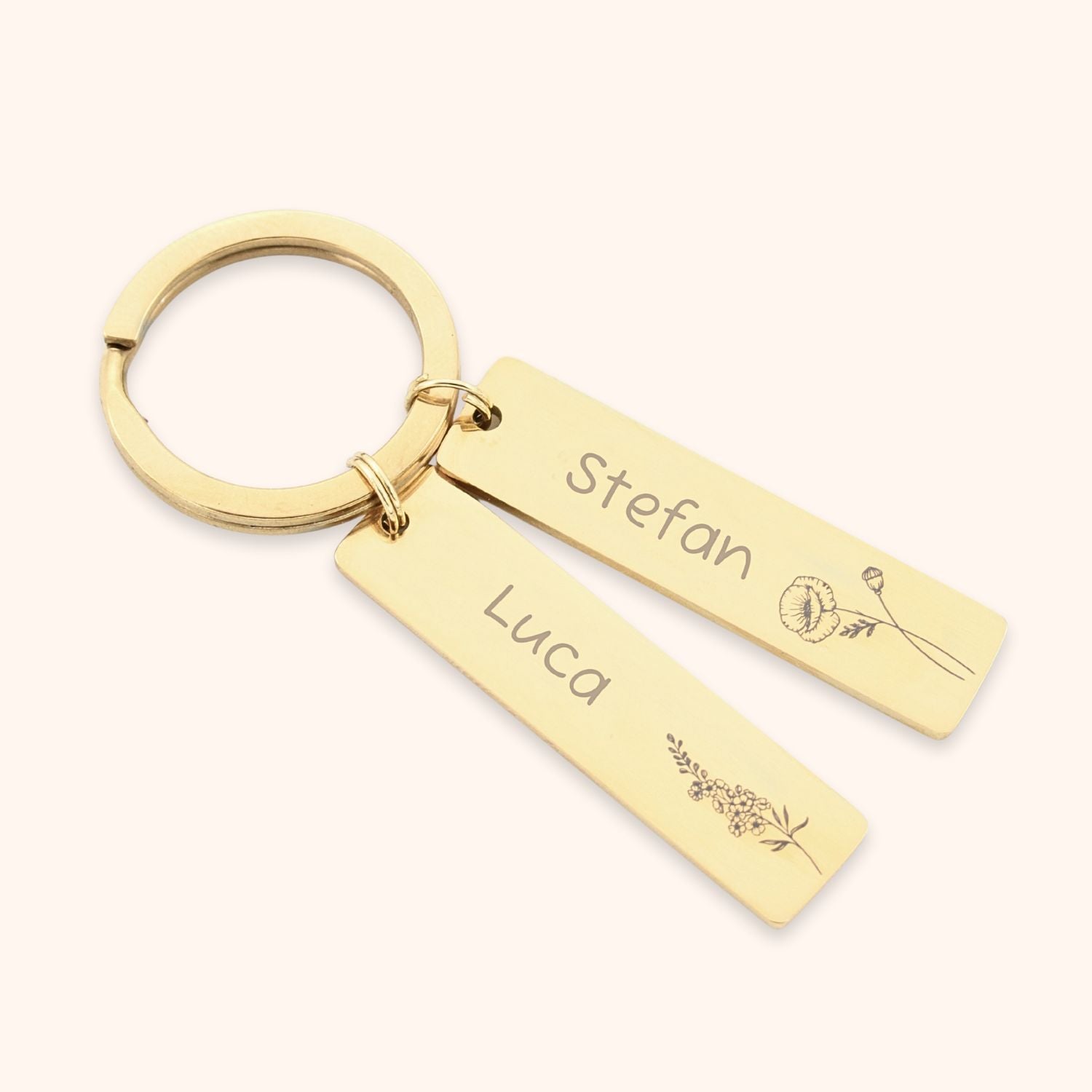 Sleutelhanger met 2 namen en geboortebloemen goud