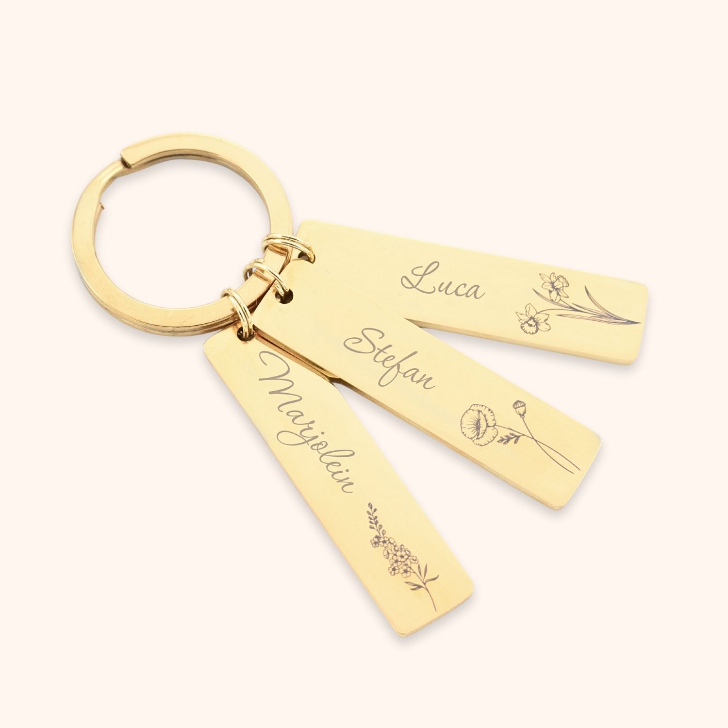 Gepersonaliseerde sleutelhanger met 3 namen en geboortebloemen goud