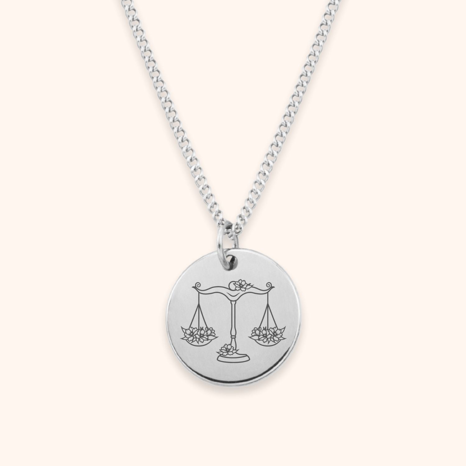 Gegraveerde dames ketting zilver sterrenbeeld weegschaal tekening stainless steel.