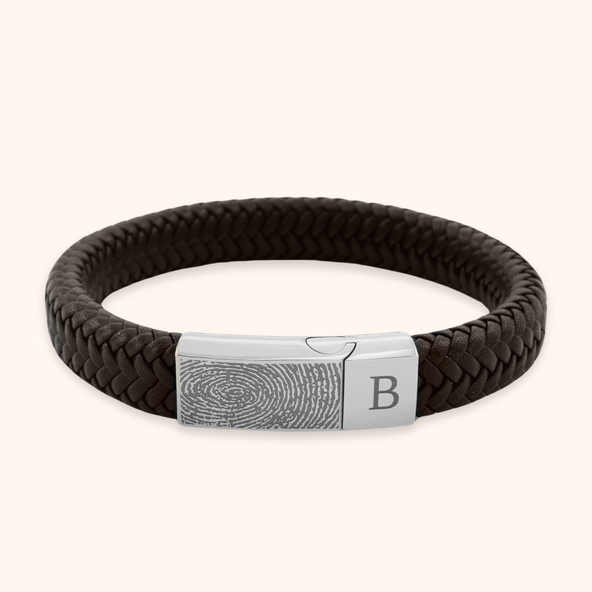 Gegraveerde vingerafdruk armband heren bruin leder en stainless steel