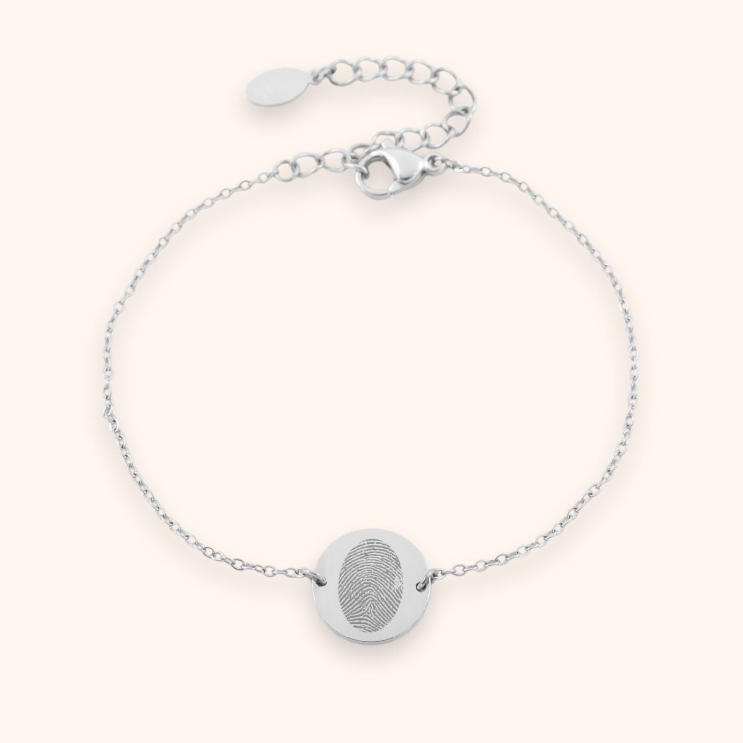 Dames armband gepersonaliseerd met vingerafdruk op muntje zilver stainless steel