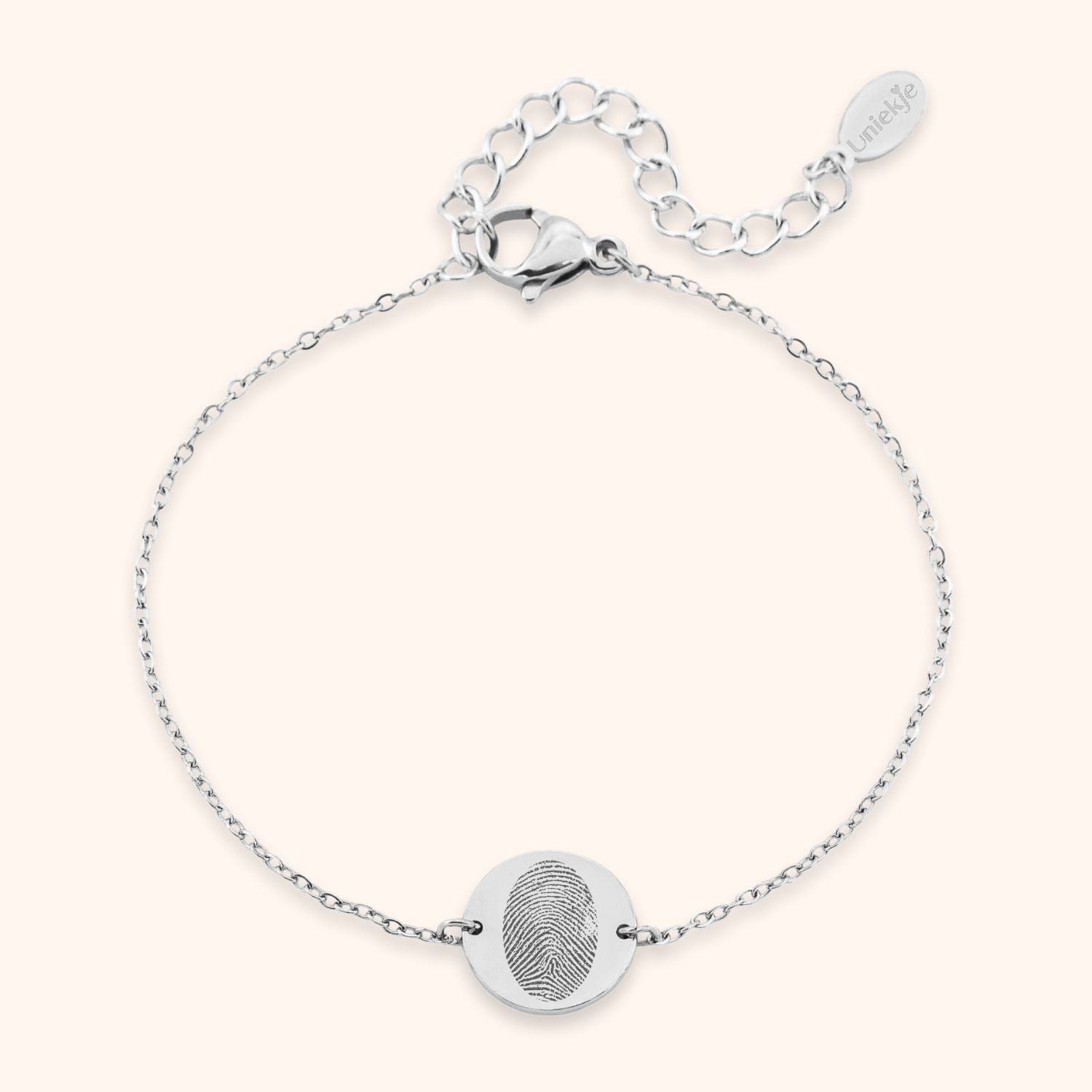Dames armband gepersonaliseerd met vingerafdruk op muntje zilver stainless steel