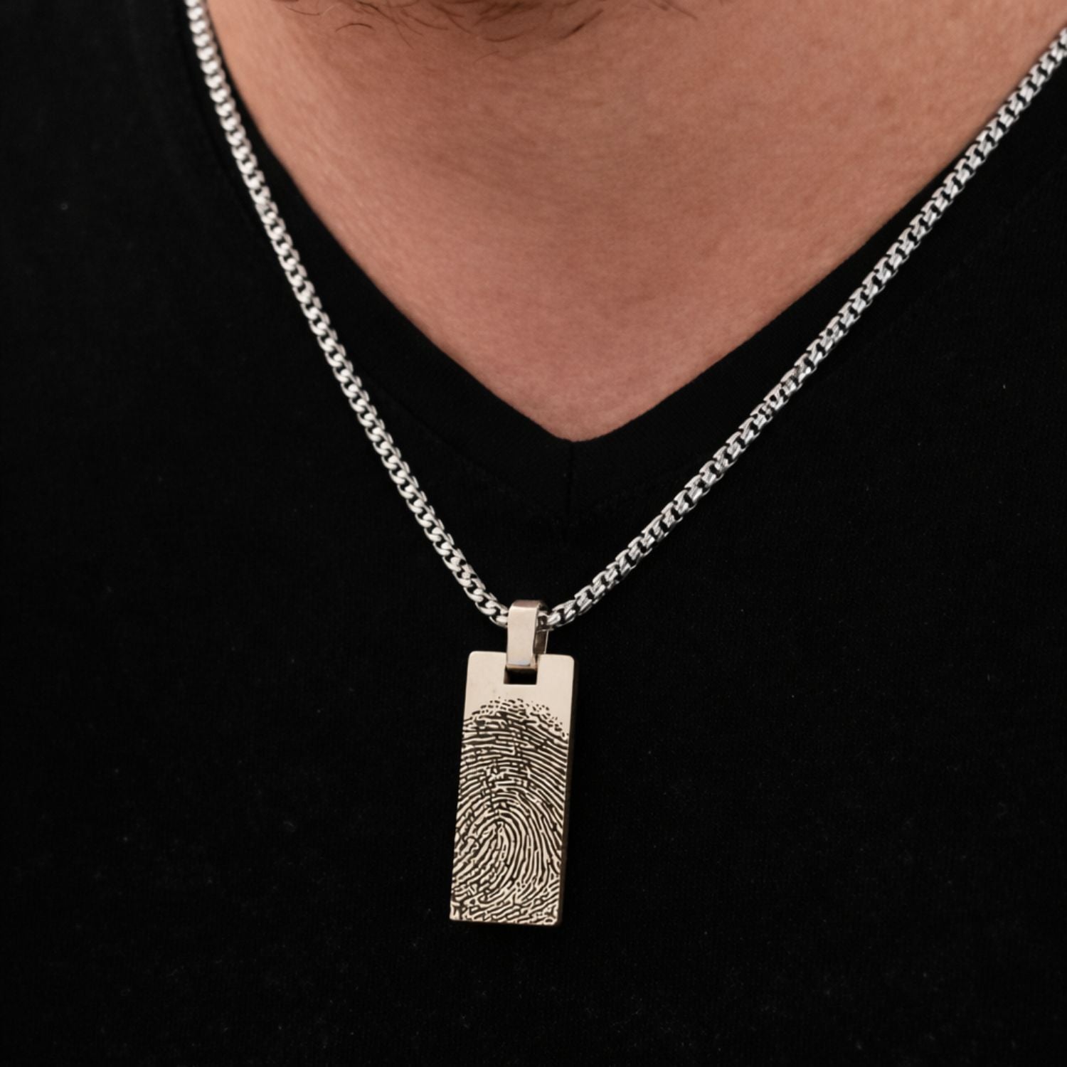 Vingerafdruk ketting heren gegraveerd rechthoekige hanger zilver stainless steel