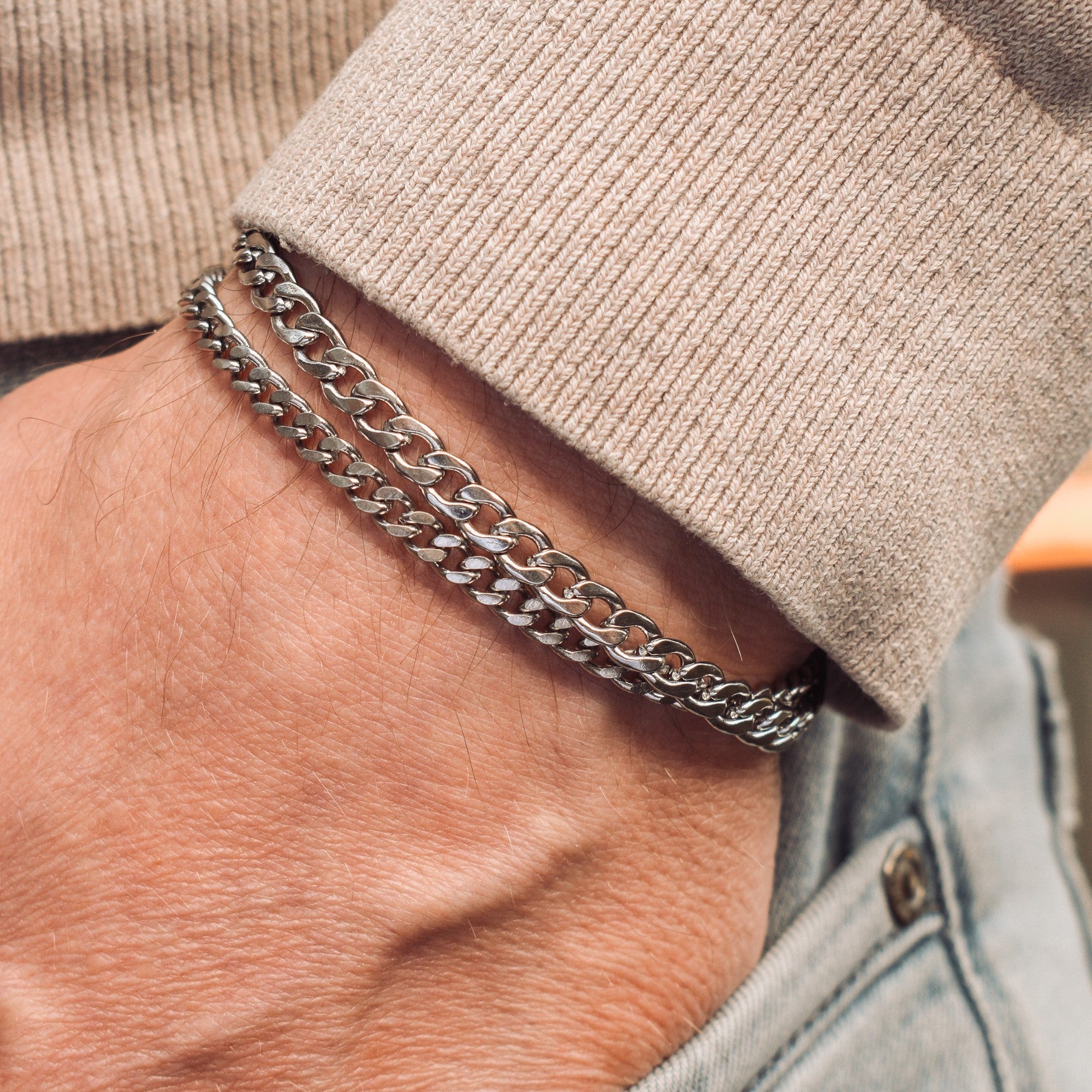 mannen fijne schakelarmband fijn zilver rvs