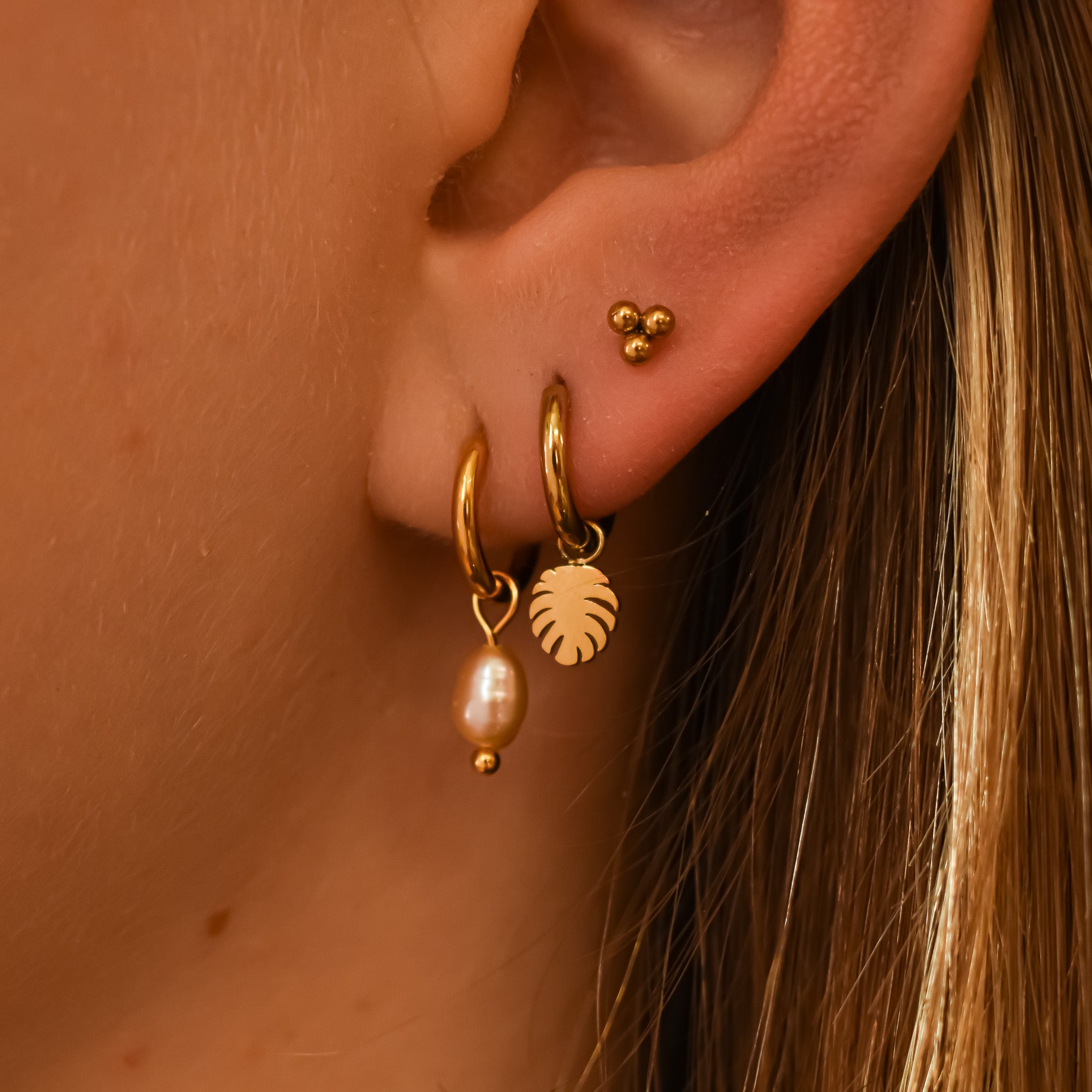 Oorbellen set parel & monstera