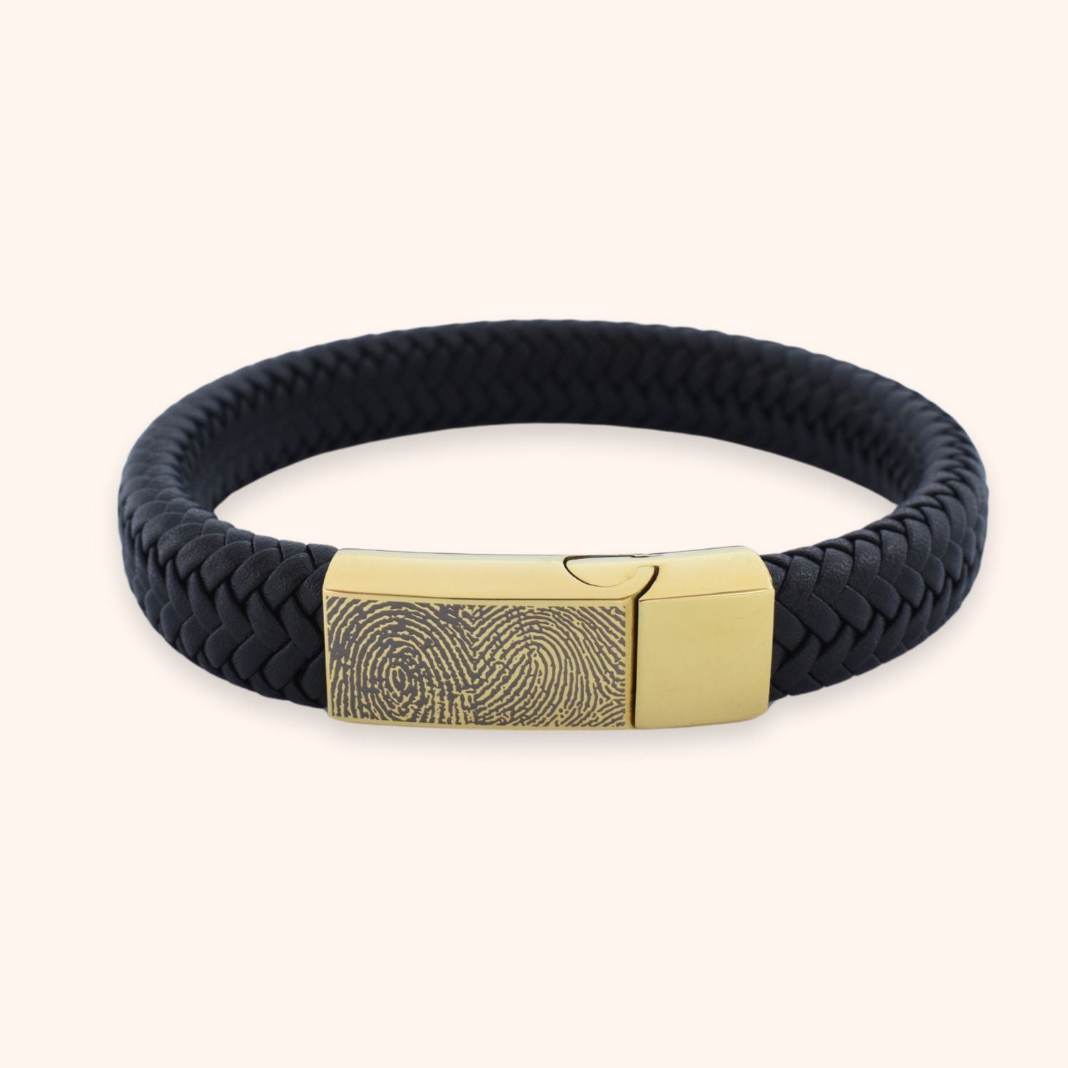 Mannen armband leer zwart graveren met 2 vingerafdrukken goud stainless steel
