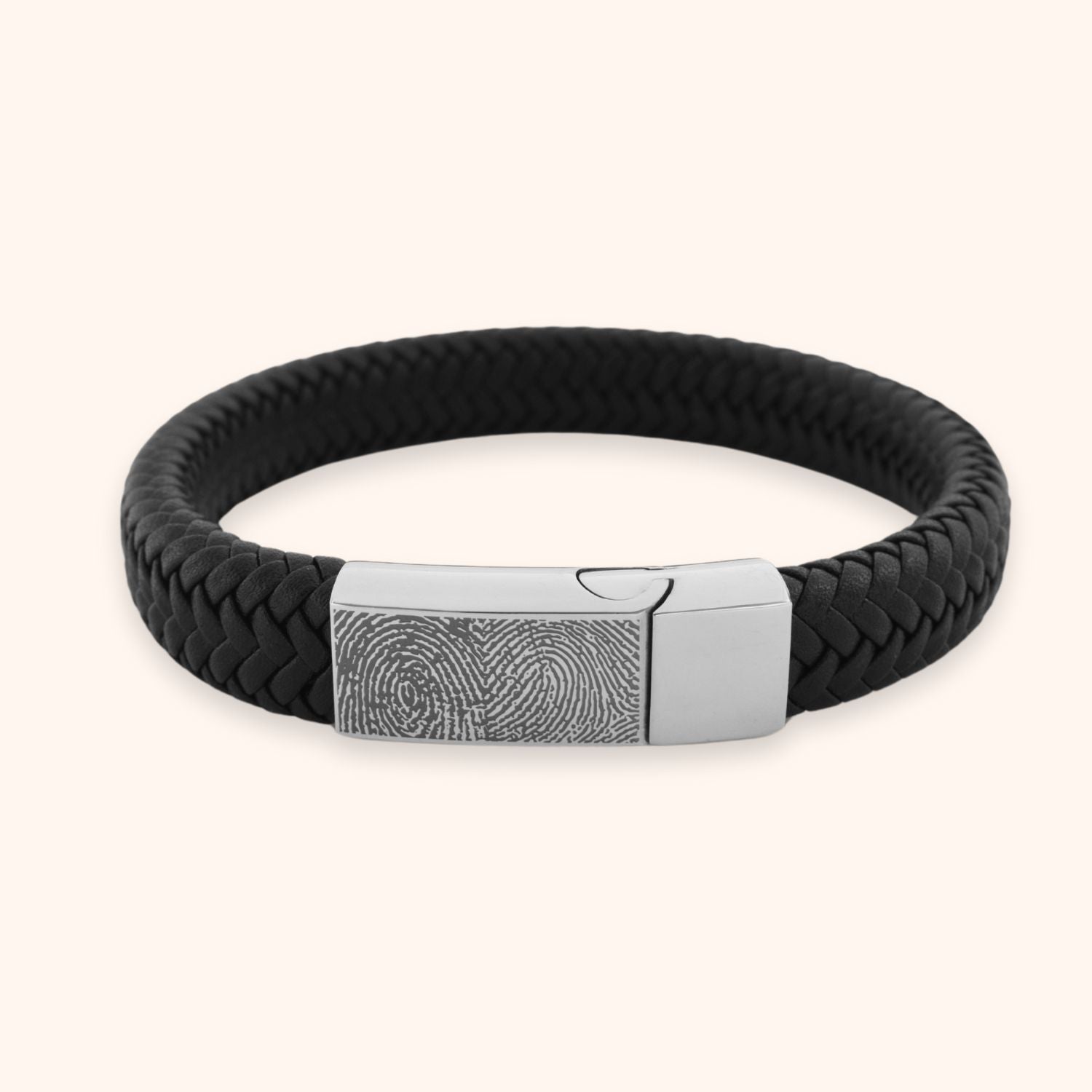 Mannen armband leer zwart graveren met 2 vingerafdrukken zilver stainless steel
