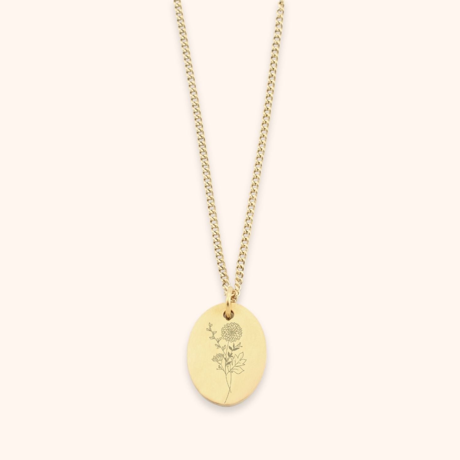 Ovale dames ketting gegraveerd met een geboortebloem november chrysant goud