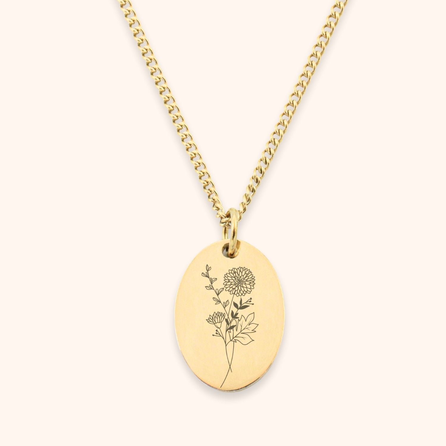 Ovale dames ketting gegraveerd met een geboortebloem november chrysant goud