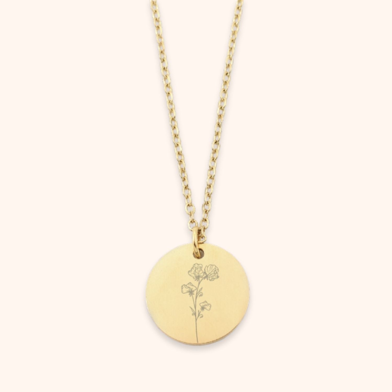 Goudkleurige geboortebloem ketting munt gegraveerd met de lathyrus van februari
