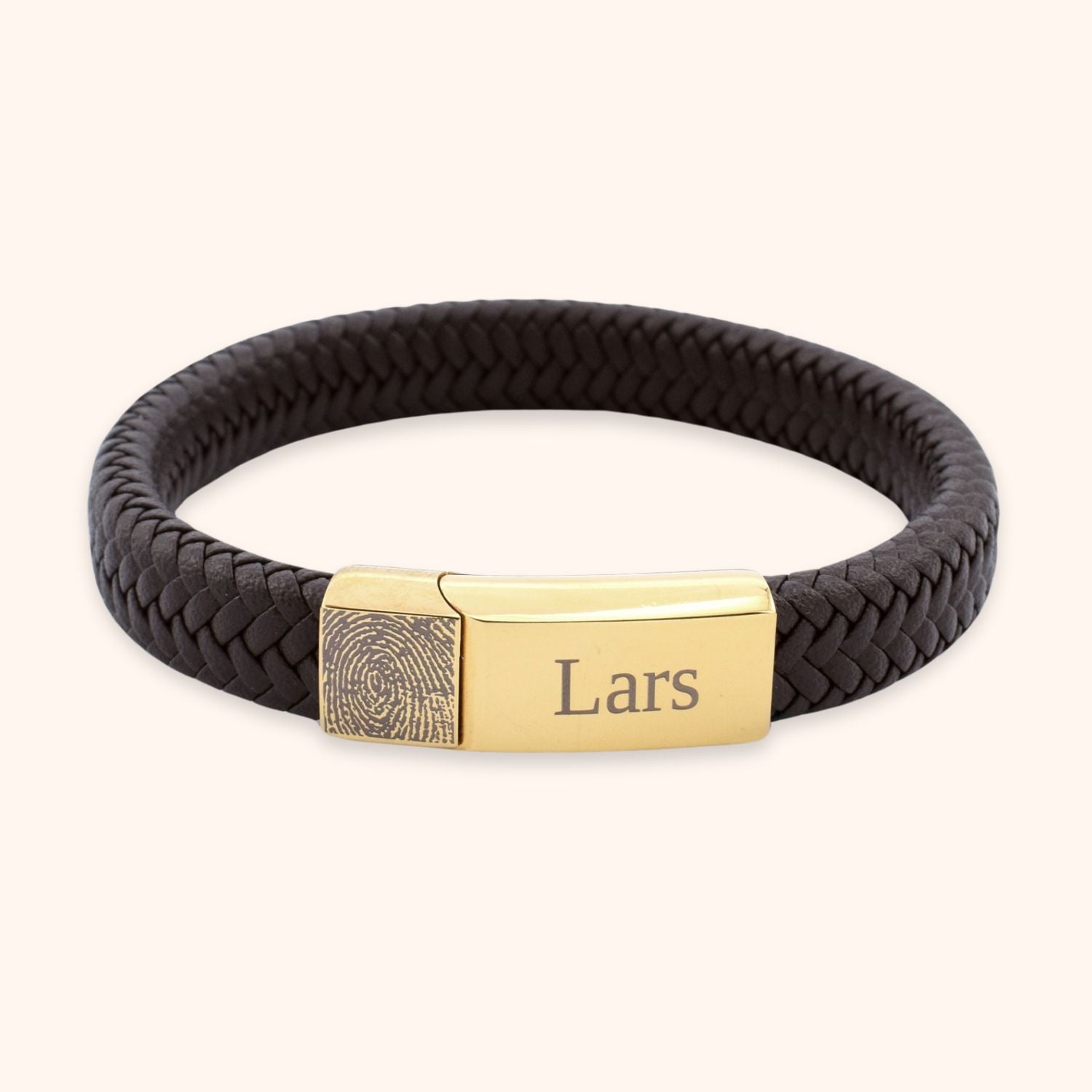 Gepersonaliseerde vingerafdruk armband heren leer bruin goud