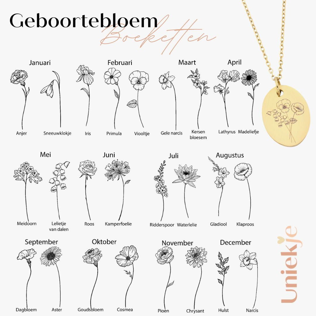 Ovale geboortebloem boeket ketting wildflower