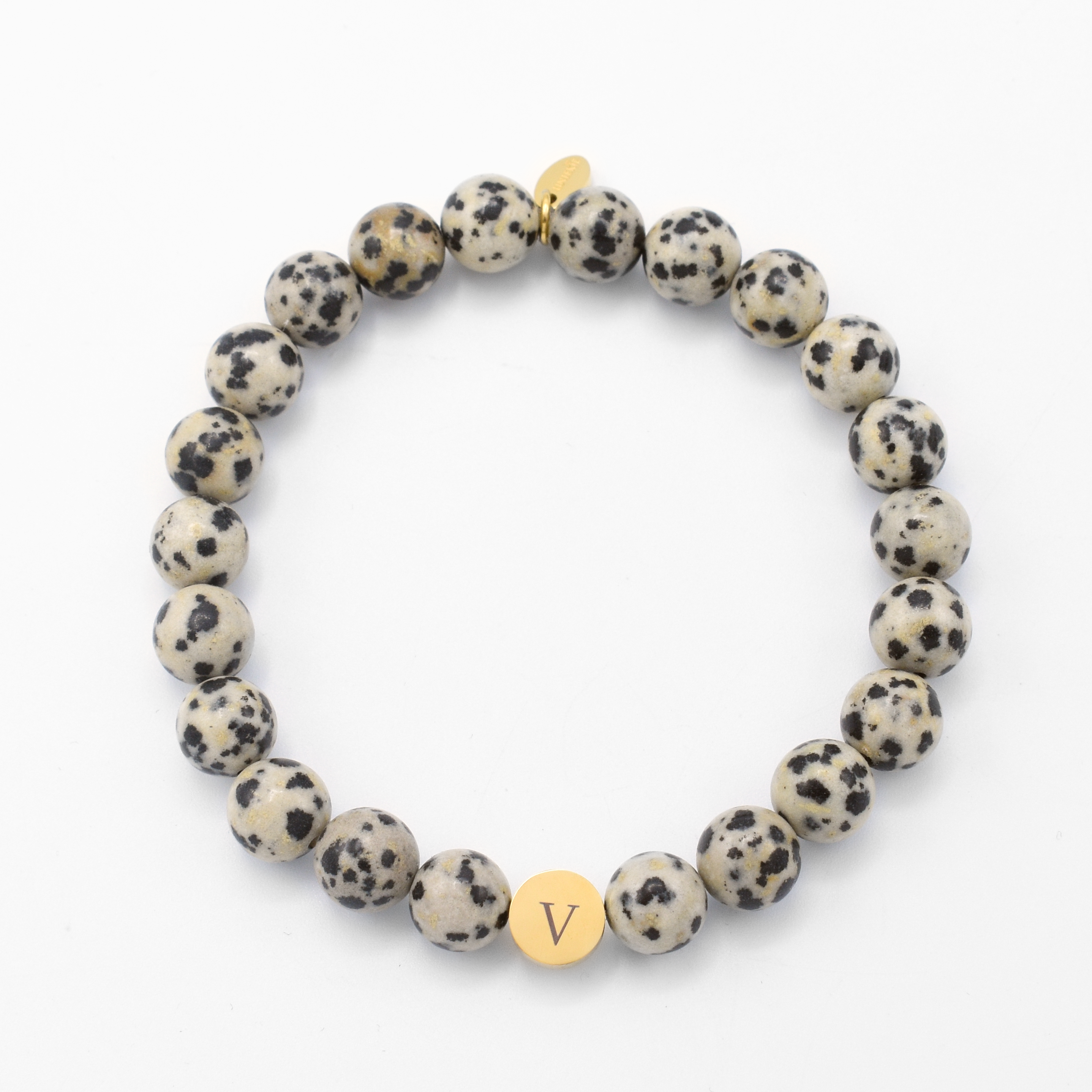 Initialen kralen armband heren dalmatiër jaspis beige