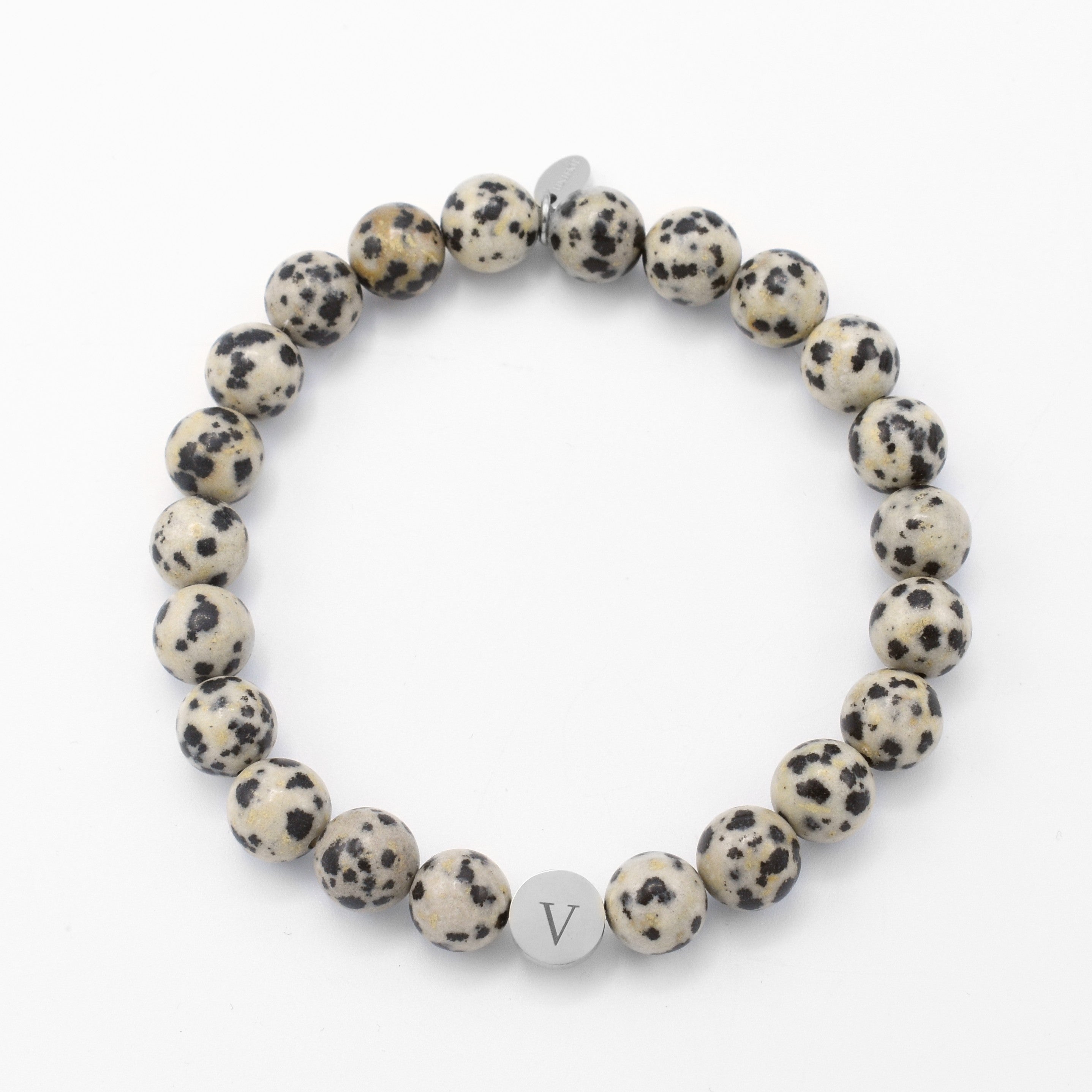 Initials Beading Bracelet Men Dalmatian Jasper Beige