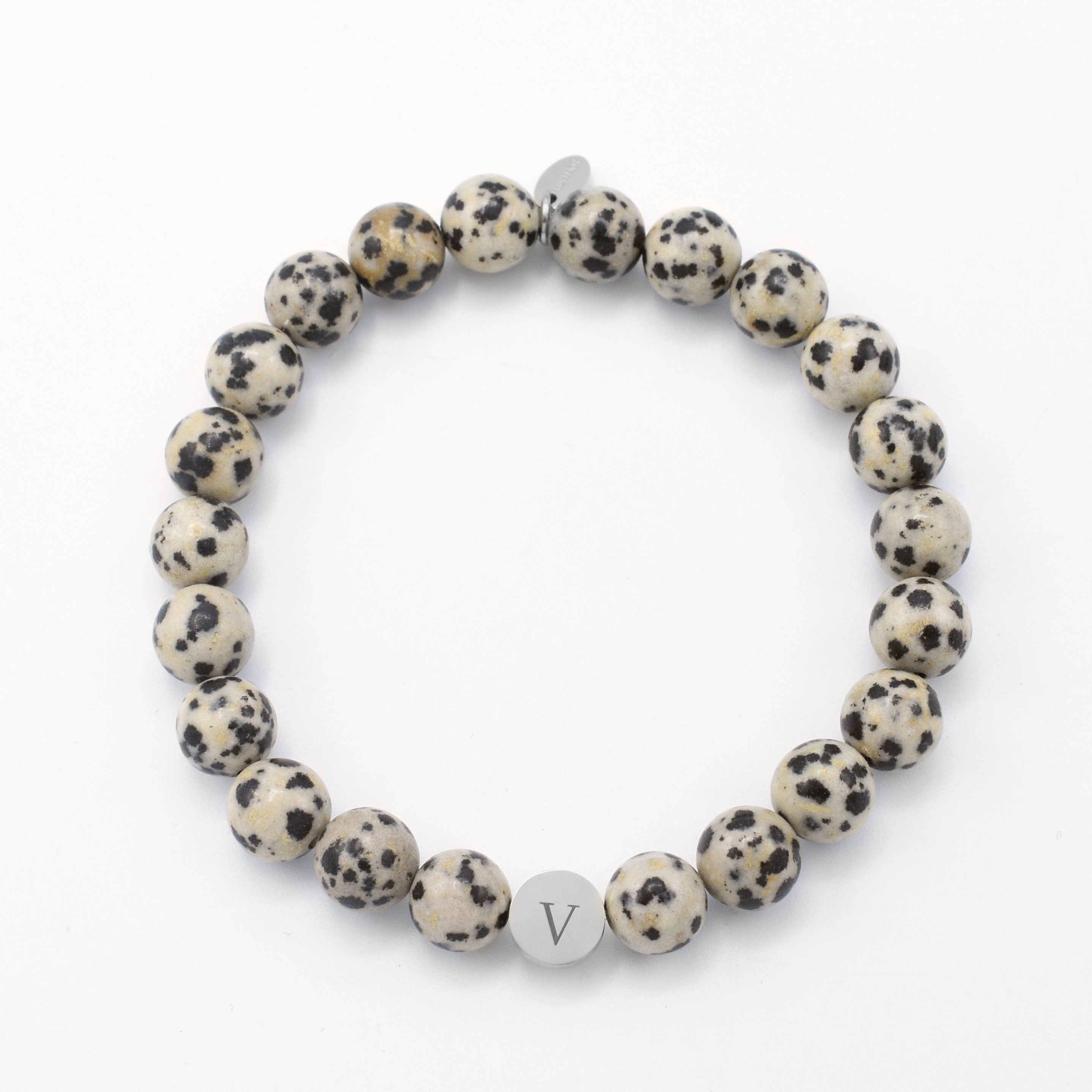 Initialen kralen armband heren dalmatiër jaspis beige