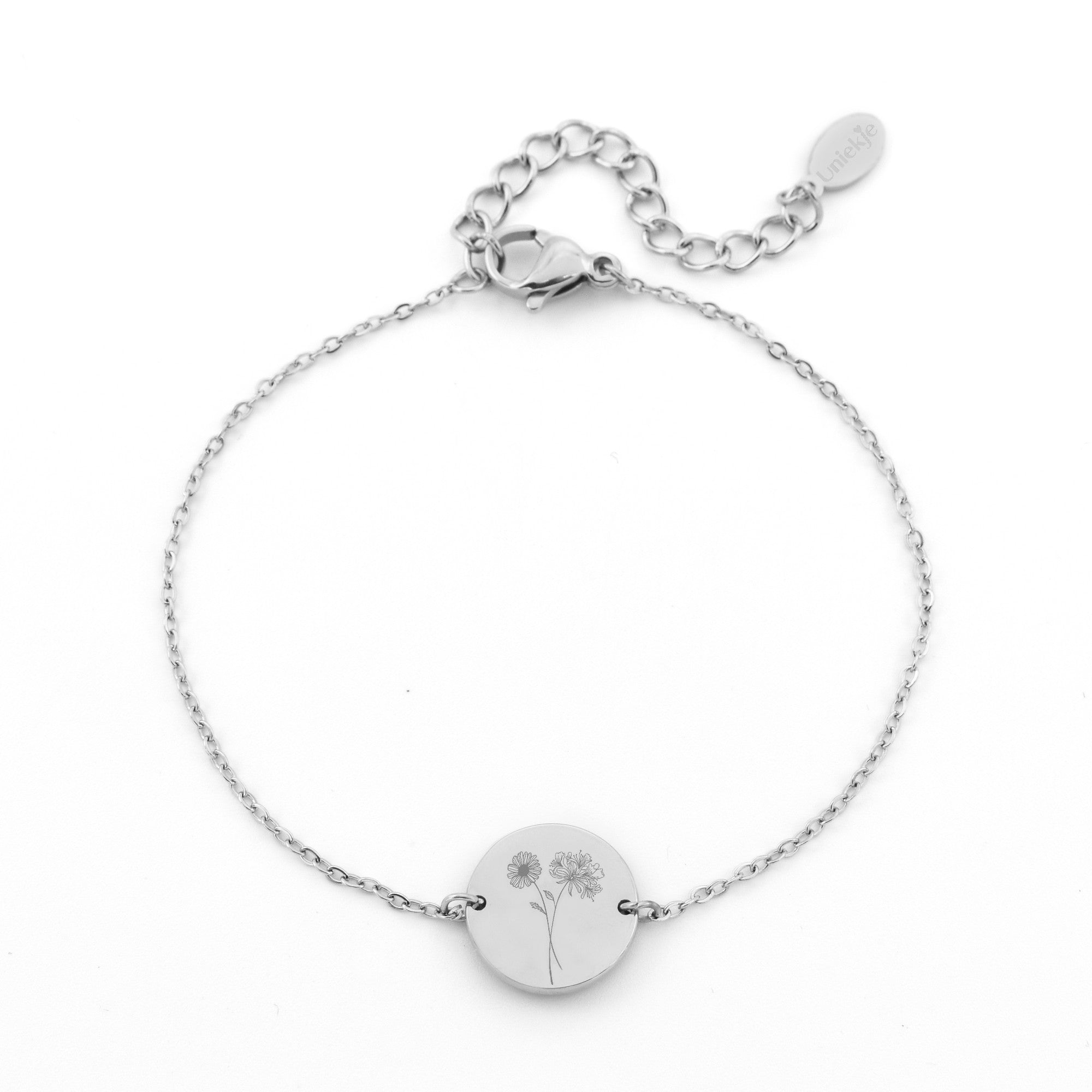 Armband met 2 geboortebloemen gecombineerd tot een boeketje zilver stainless steel