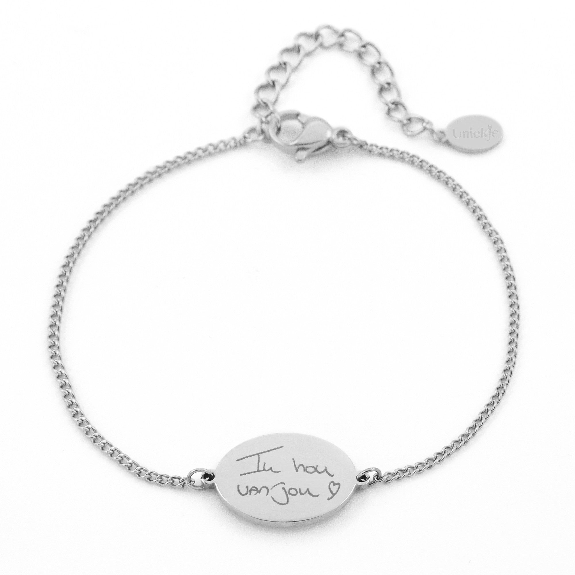 Armband met eigen handschrift gegraveerd op ovaal plaatje zilver stainless steel.