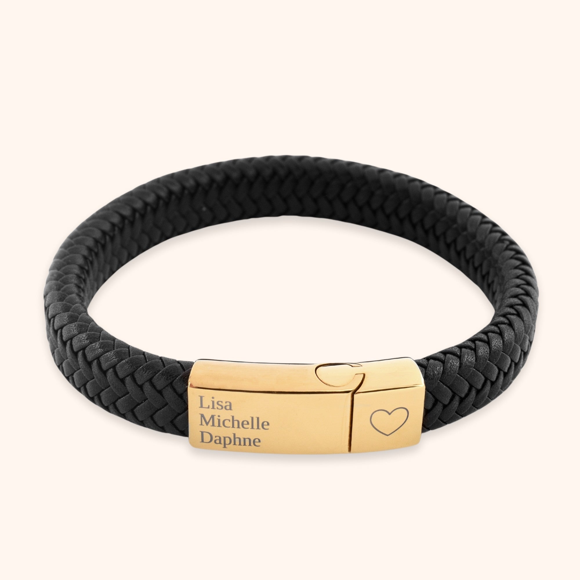 Zwarte heren armband leer graveren met eigen tekst op magneet slot rvs goud