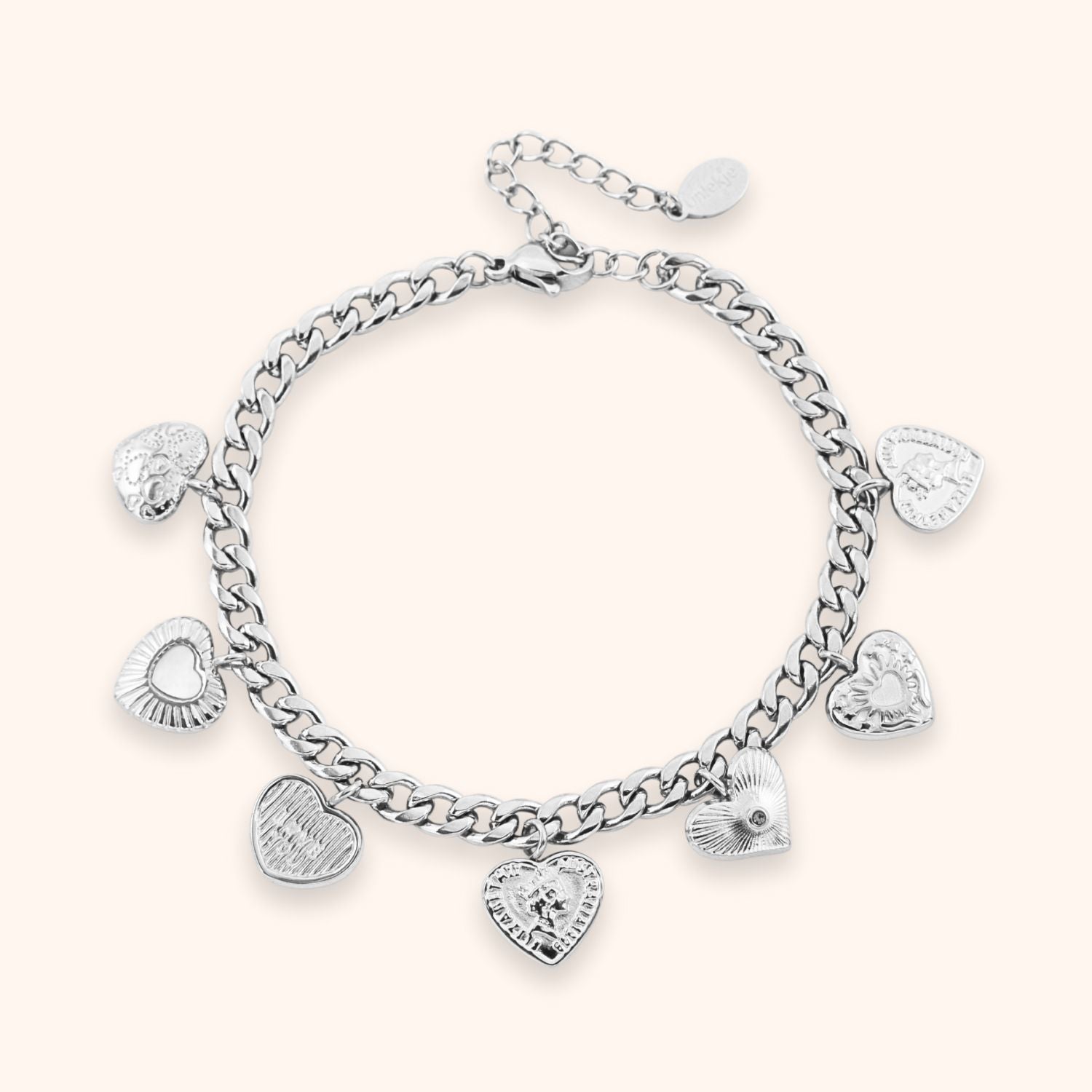 Armband voor dames met bedel hartjes kleur zilver stainless steel