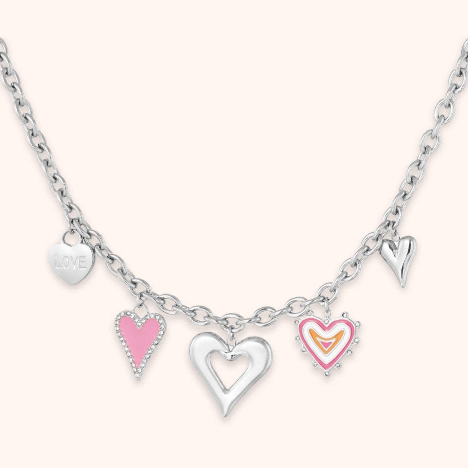 Dames ketting zilver kleurrijke roze hartjes bedels stainless steel