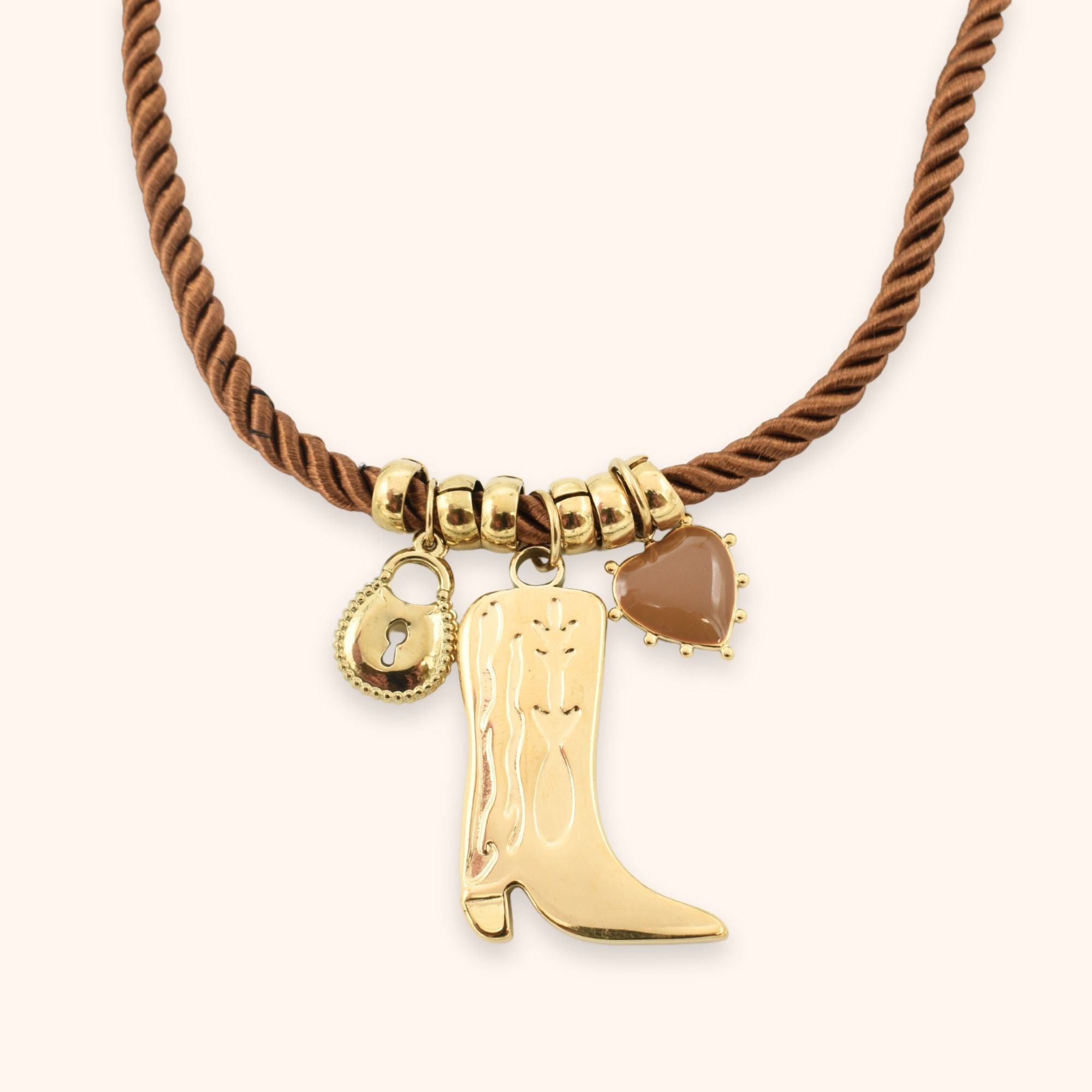 Bruine ketting touw cowboy laars kleur goud stainless steel 