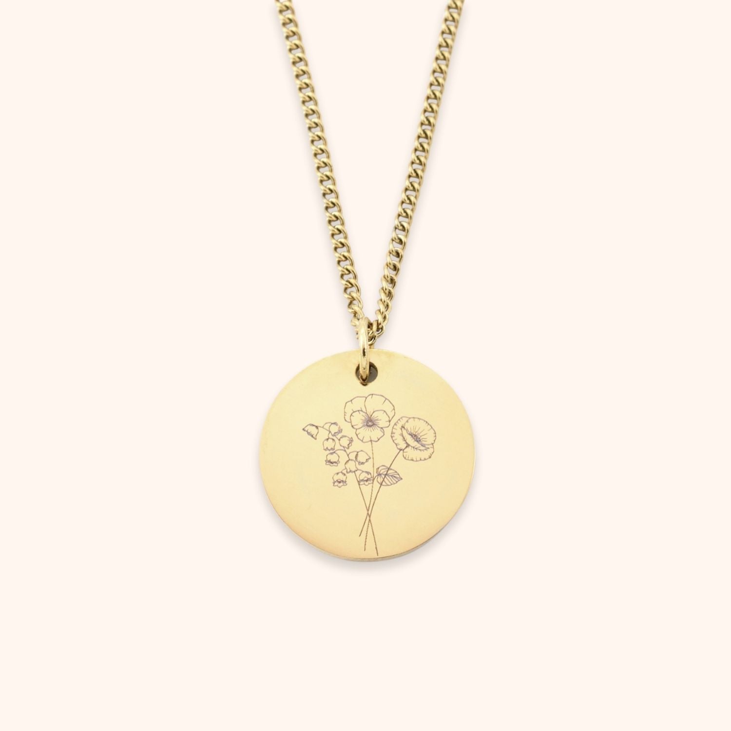 Gepersonaliseerde geboortebloem boeket ketting gegraveerd met 2 tot 4 bloemen goud, rvs