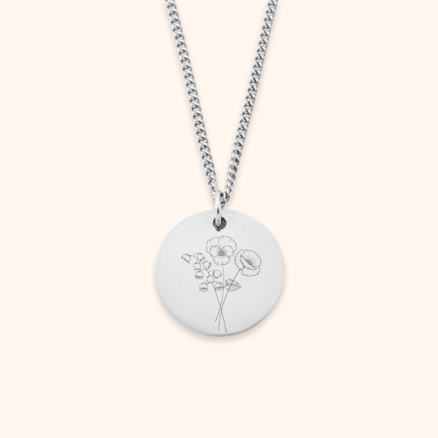 Gepersonaliseerde geboortebloem boeket ketting dames gegraveerd met 2 tot 4 bloemen zilver, rvs