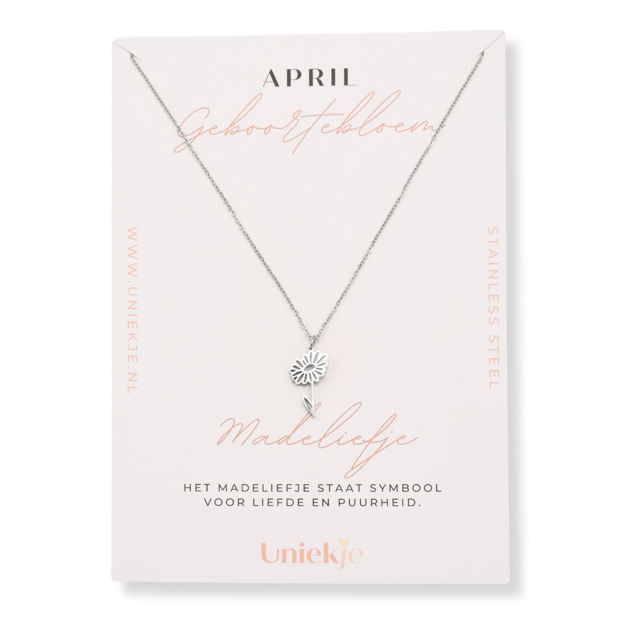 Geboortebloem ketting april madeliefje zilver stainless steel