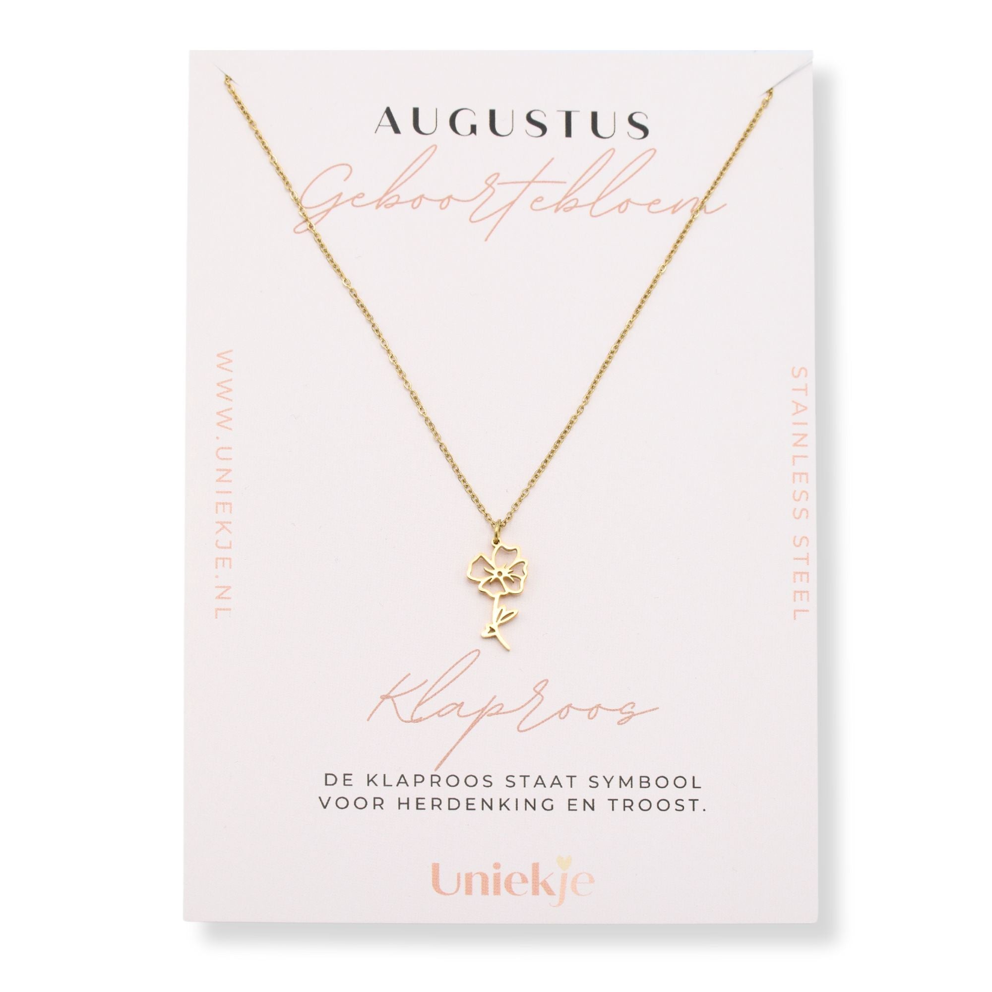 Geboortebloem ketting augustus klaproos goud stainless steel