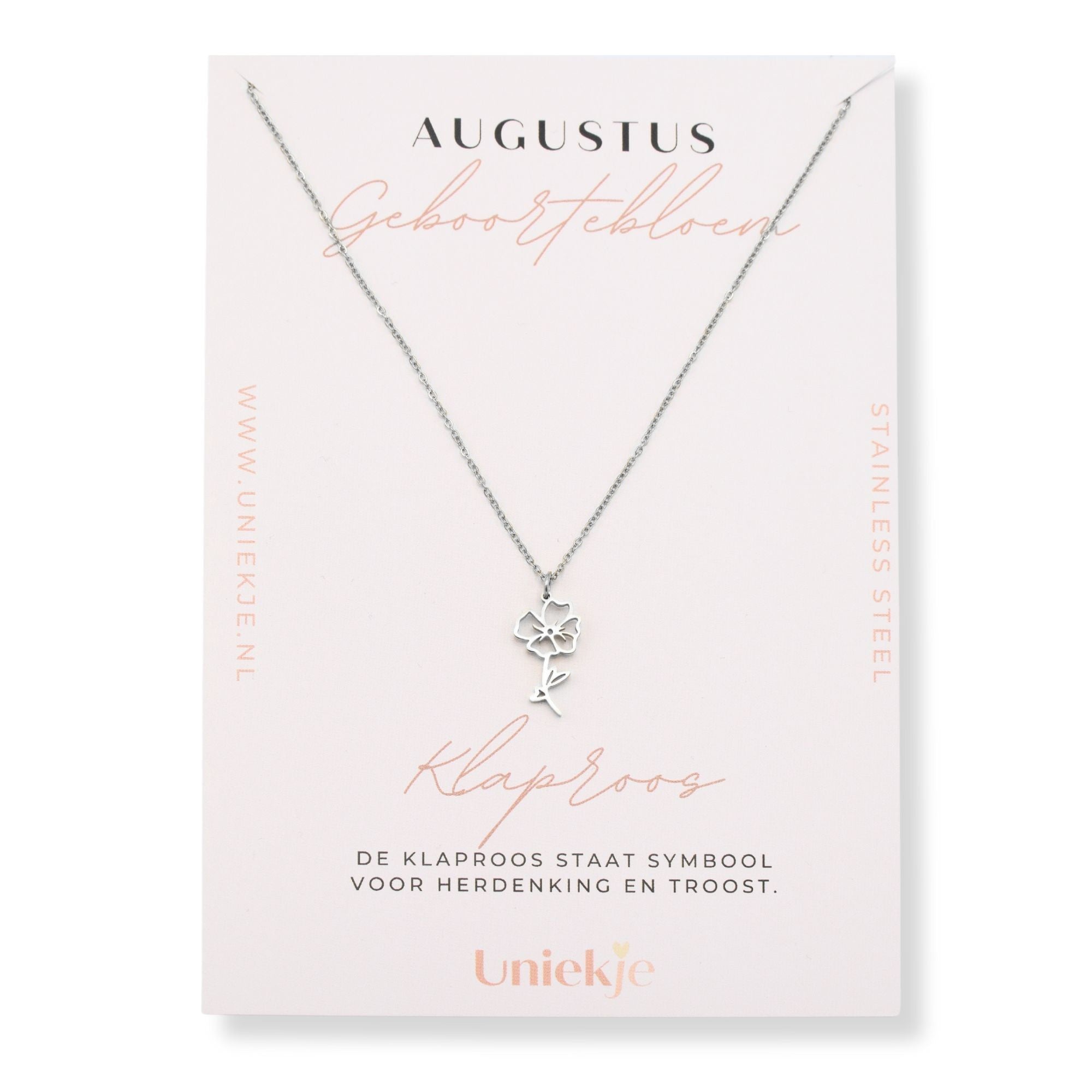 Geboortebloem ketting augustus klaproos zilver stainless steel