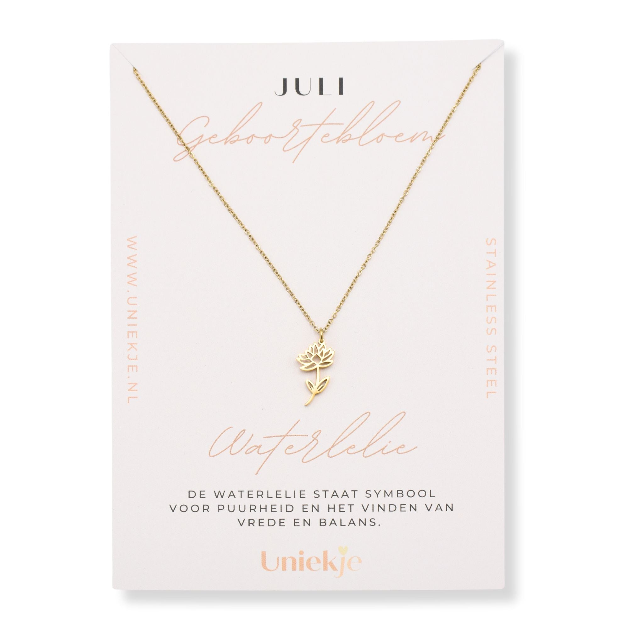 Geboortebloem ketting juli waterlelie goud stainless steel