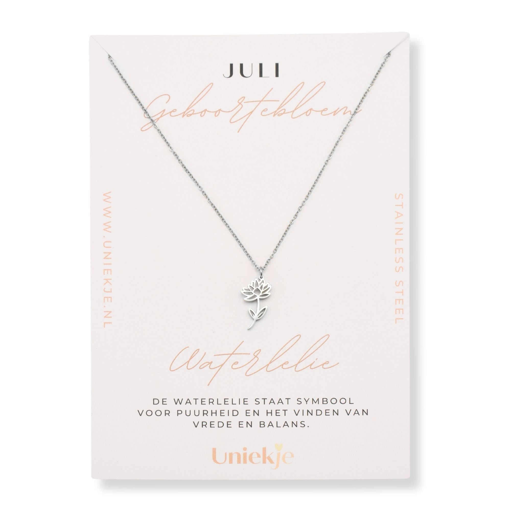 Geboortebloem ketting juli waterlelie zilver stainless steel