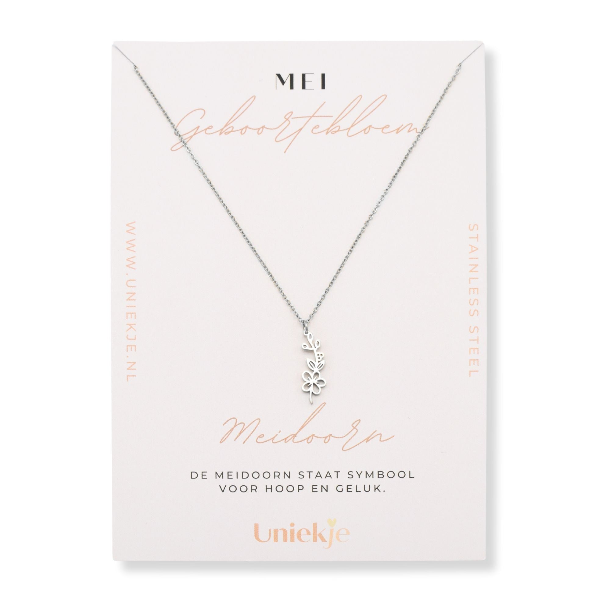 Geboortebloem ketting mei meidoorn zilver stainless steel