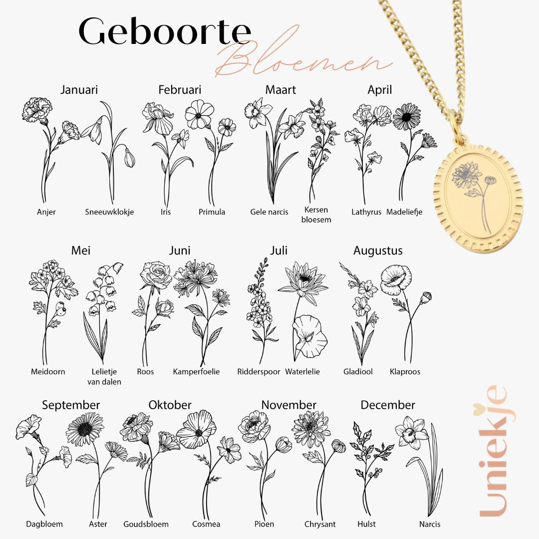 Ovale hanger geboortebloem ketting