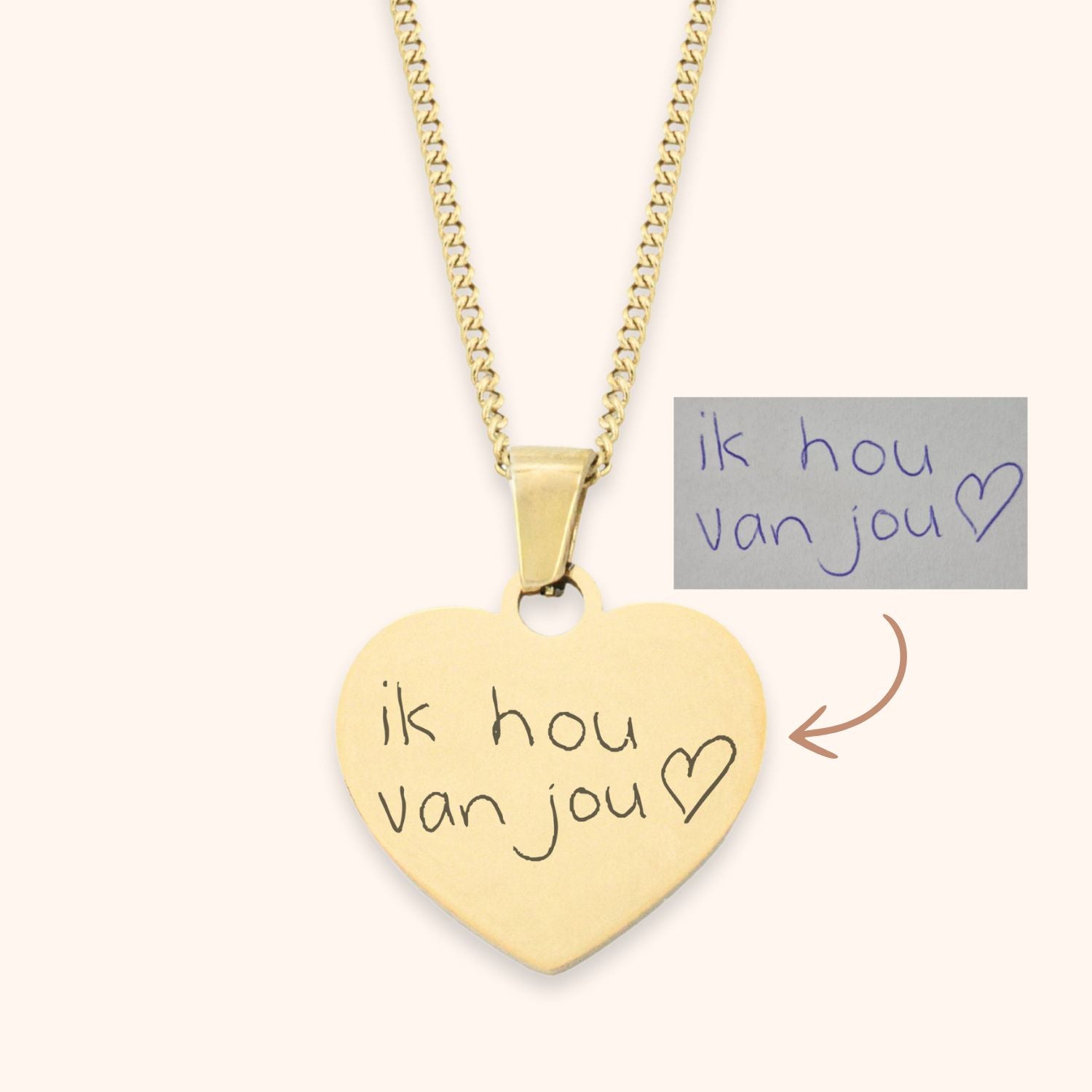 Ketting hart hanger gegraveerd met eigen handschrift, goud stainless steel