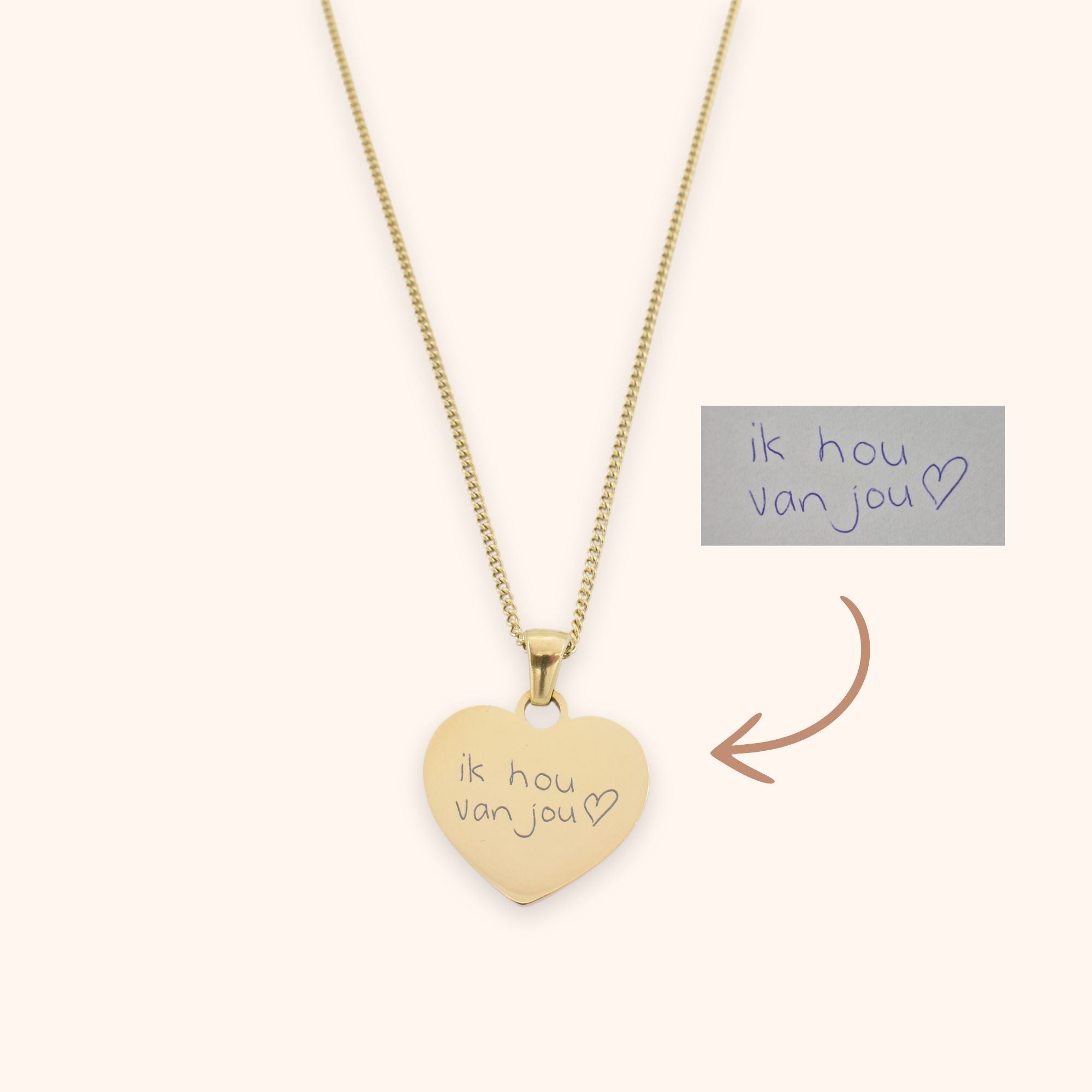 Ketting hart hanger gegraveerd met eigen handschrift, goud stainless steel