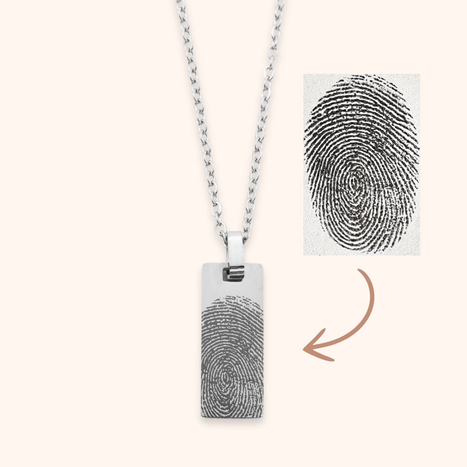 Gegraveerde heren ketting met vingerafdruk rechthoek stainless steel zilver voorbeeld