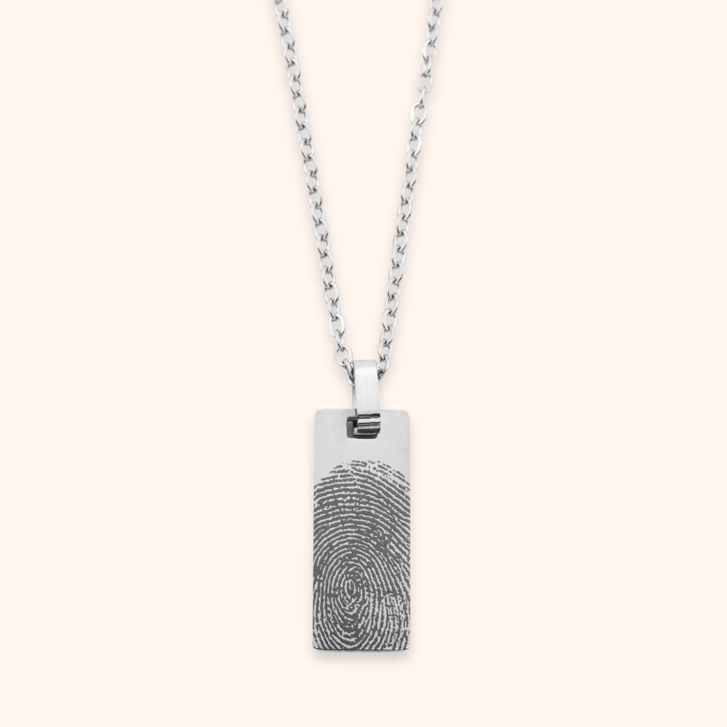 Gegraveerde heren ketting met vingerafdruk rechthoek stainless steel zilver