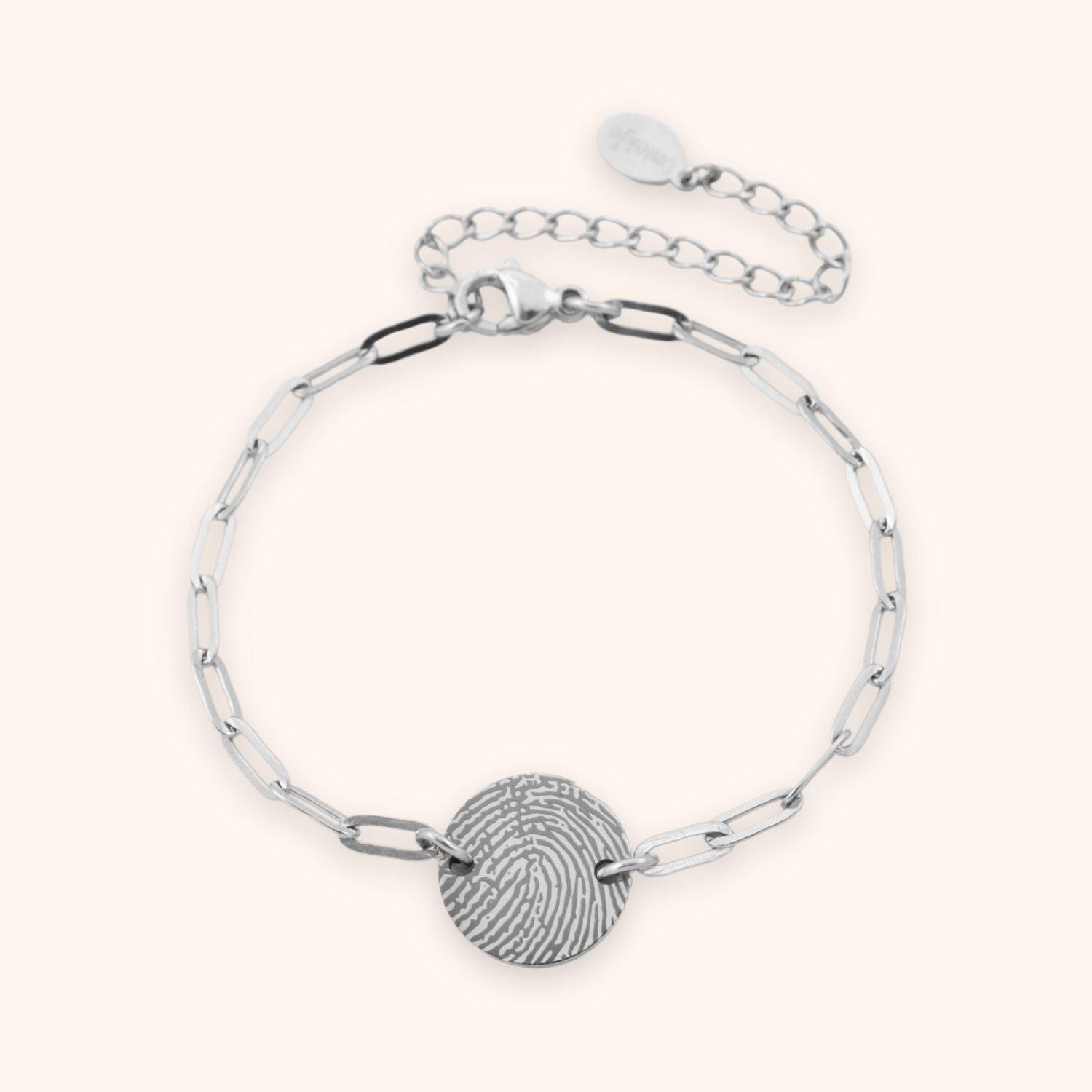 Vingerafdruk armband dames gegraveerd op rond plaatje, zilver stainless steel.