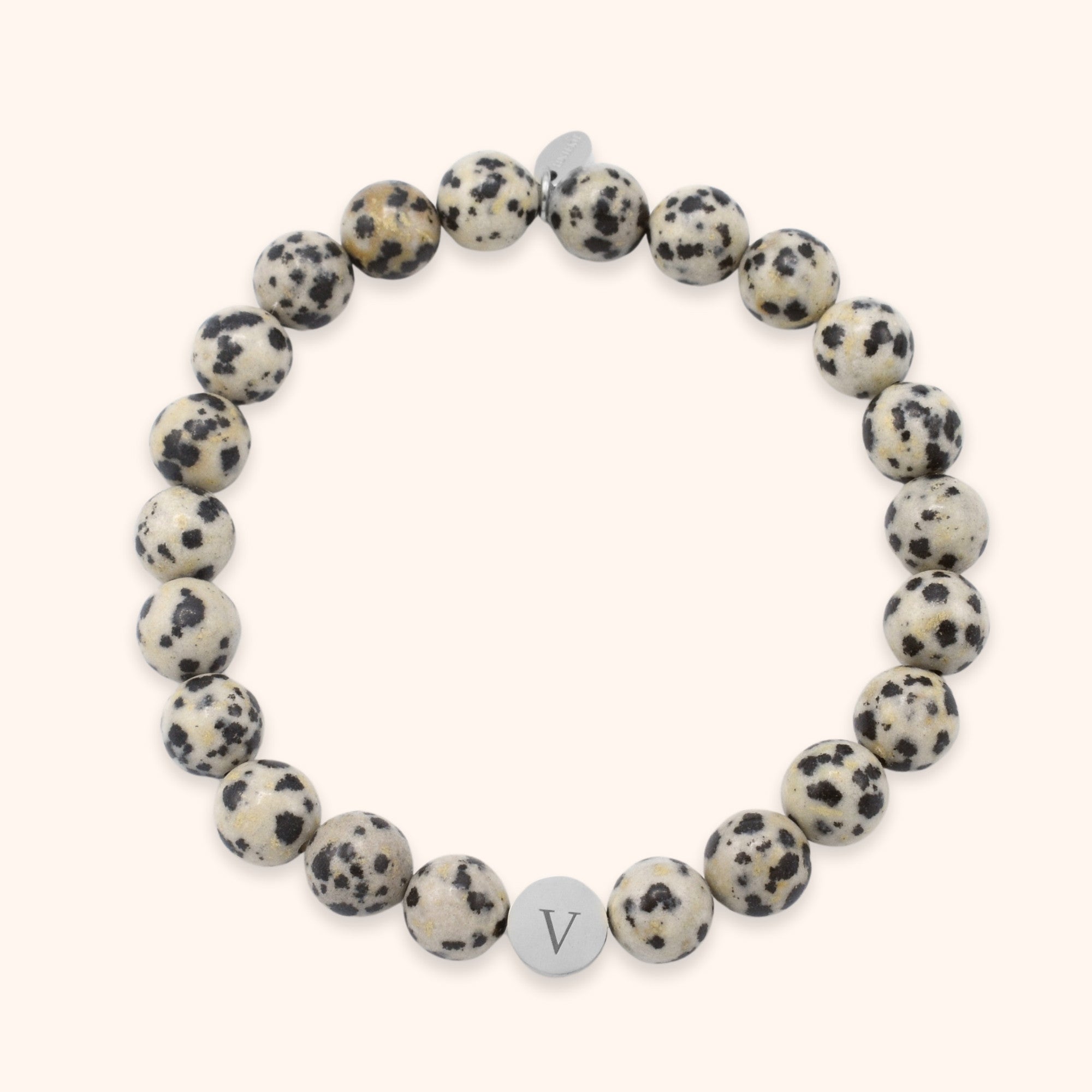 Persoonlijke heren kralenarmband natuursteen dalmatier jaspis gegraveerd met initialen zilver
